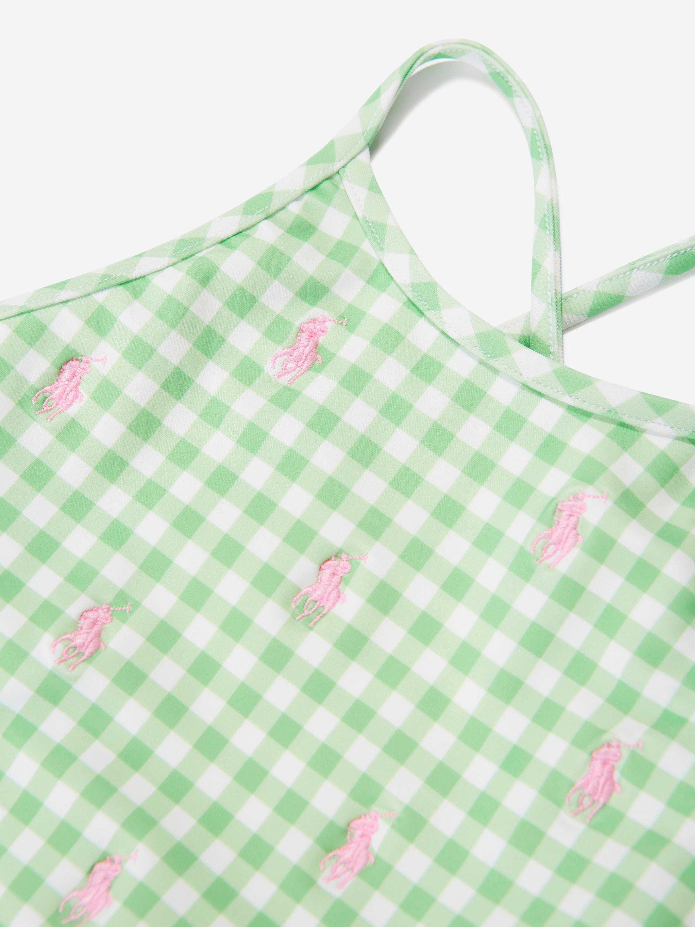 Ralph Lauren Girls Gingham Logo Swimsuit in Green
