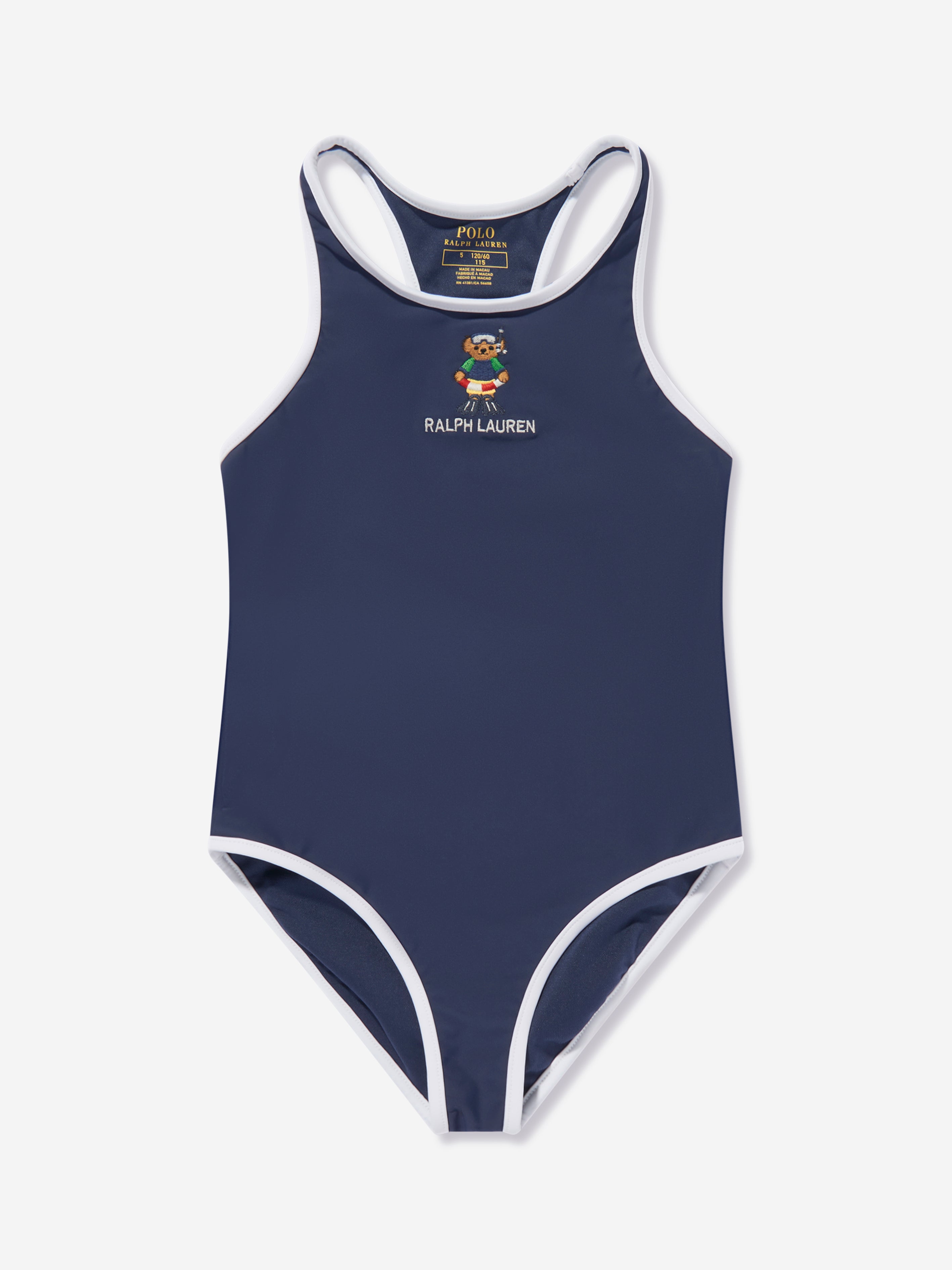 Girls Embroidered Bear Swimsuit in Navy