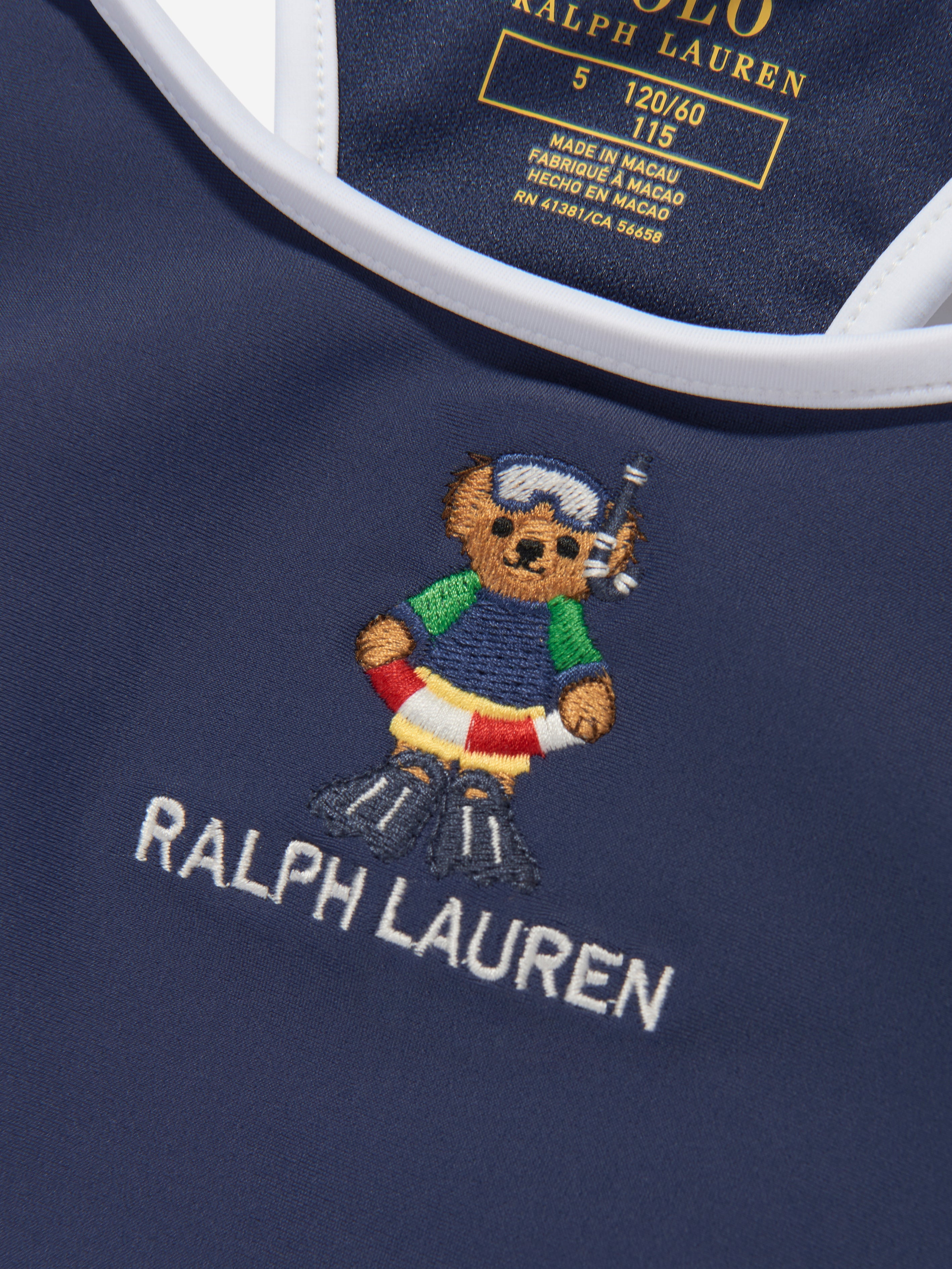 Girls Embroidered Bear Swimsuit in Navy