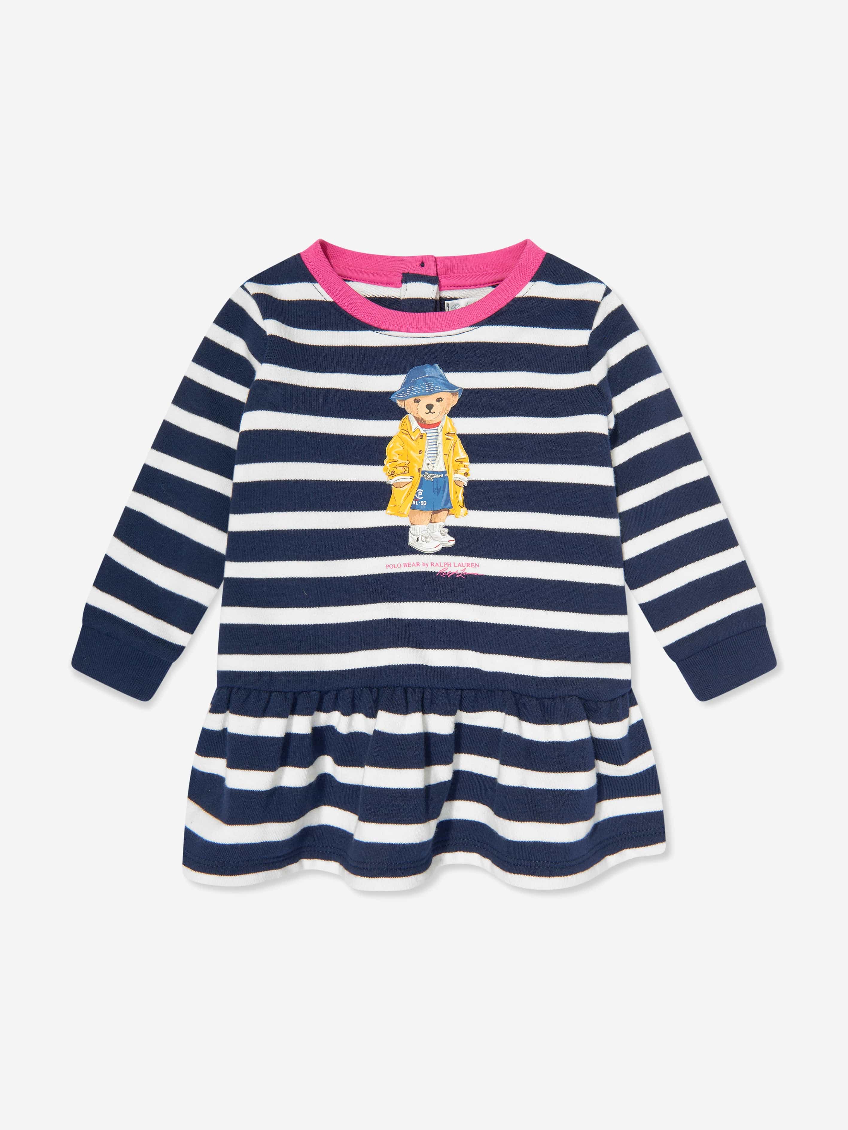 Baby Girls Striped Polo Bear Dress in Navy