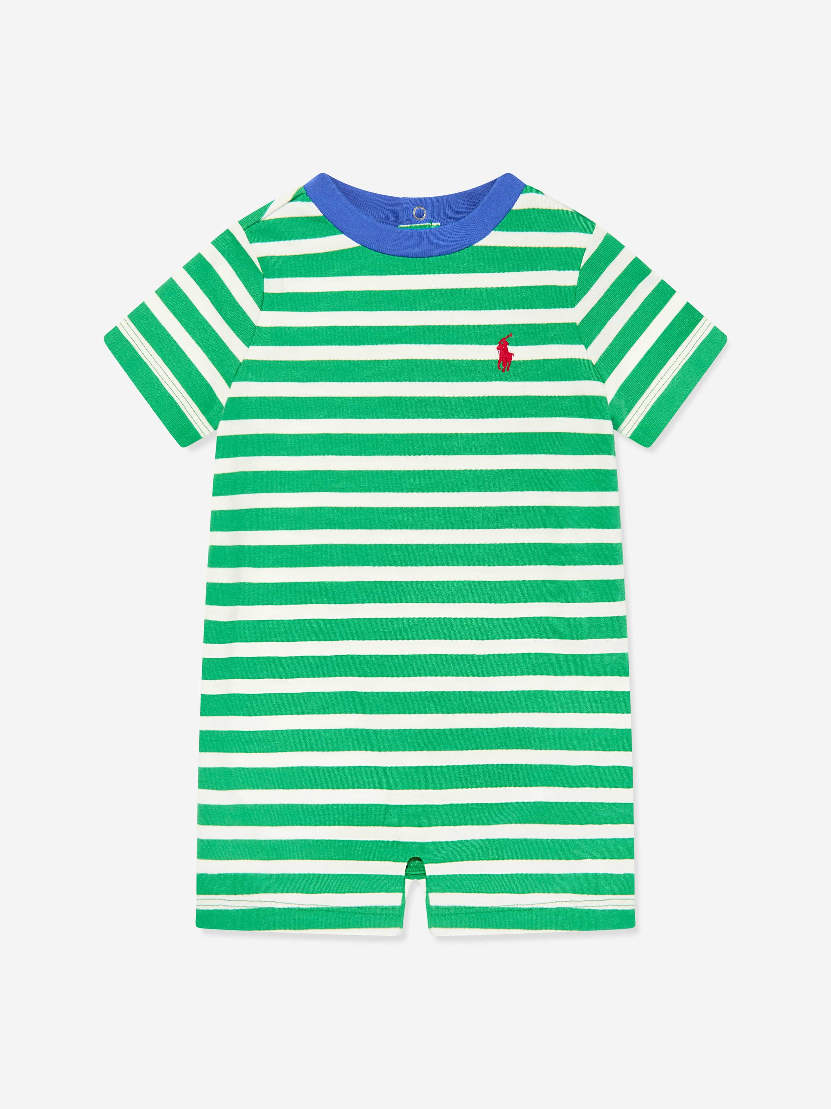 Baby Boys Striped Logo Romper in Green