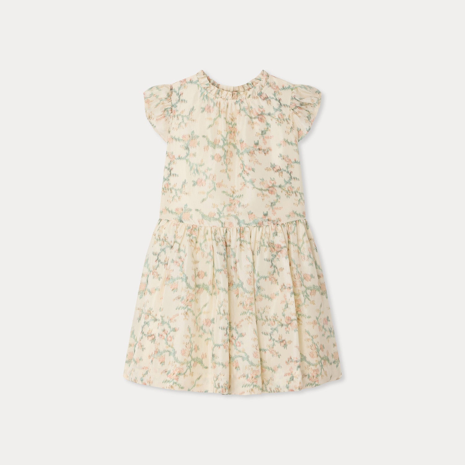 Girls Beige Printed Silk Dress