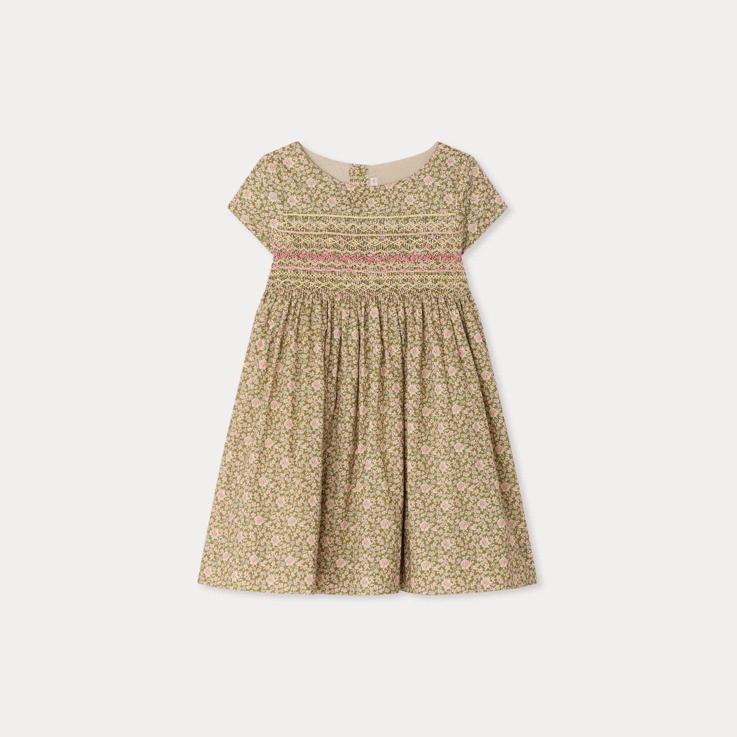 Girls Khaki Green Floral Cotton Dress