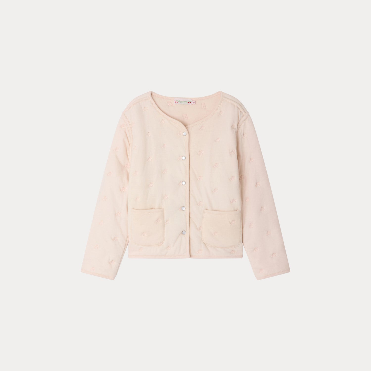 Girls Light Pink Cherry Embroidered Cotton Jacket