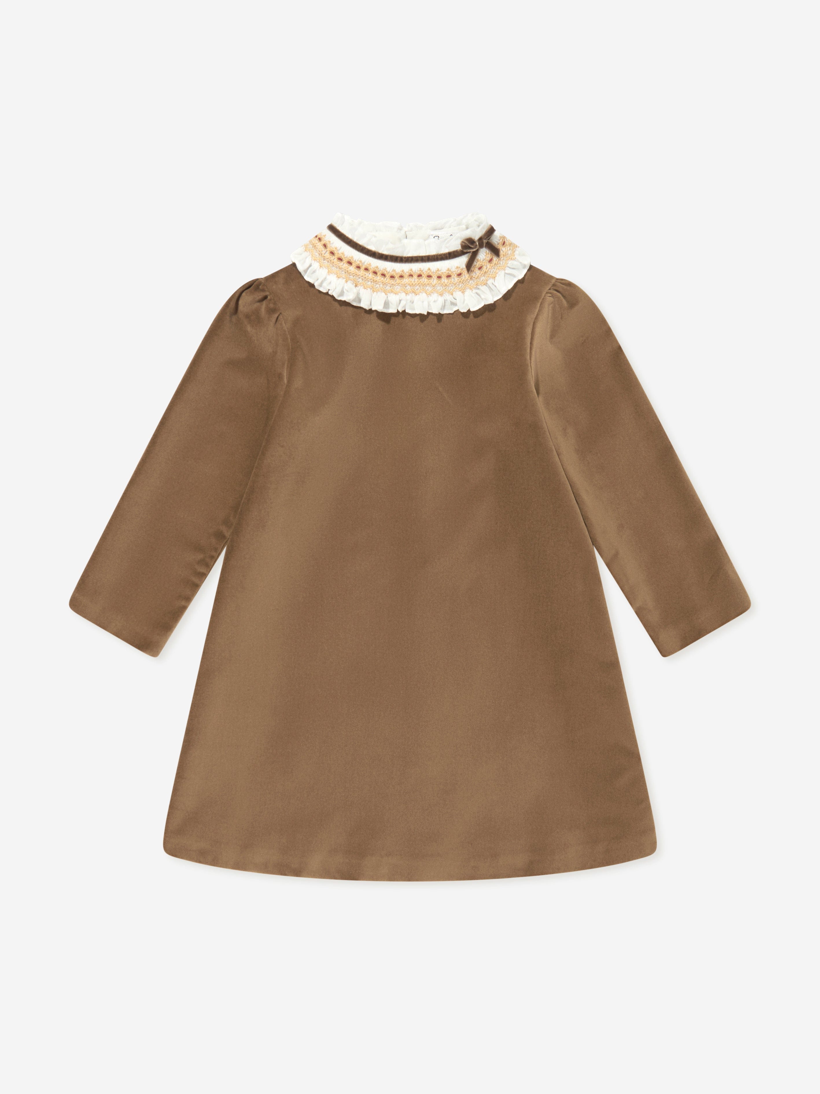 Girls Velvet Smocked Dress in Brown