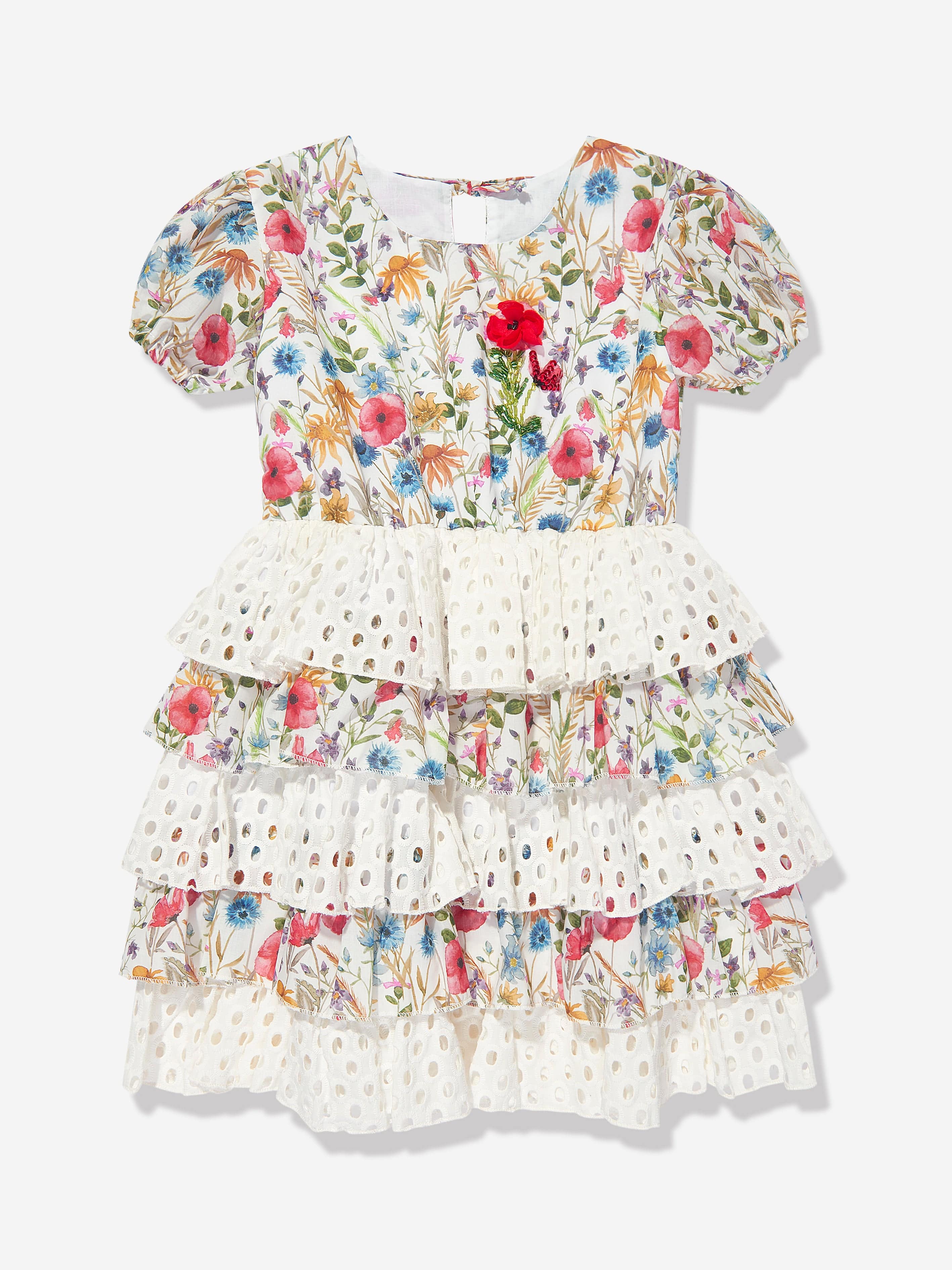 Selini Action Girls Floral Broderie Anglaise Dress in White