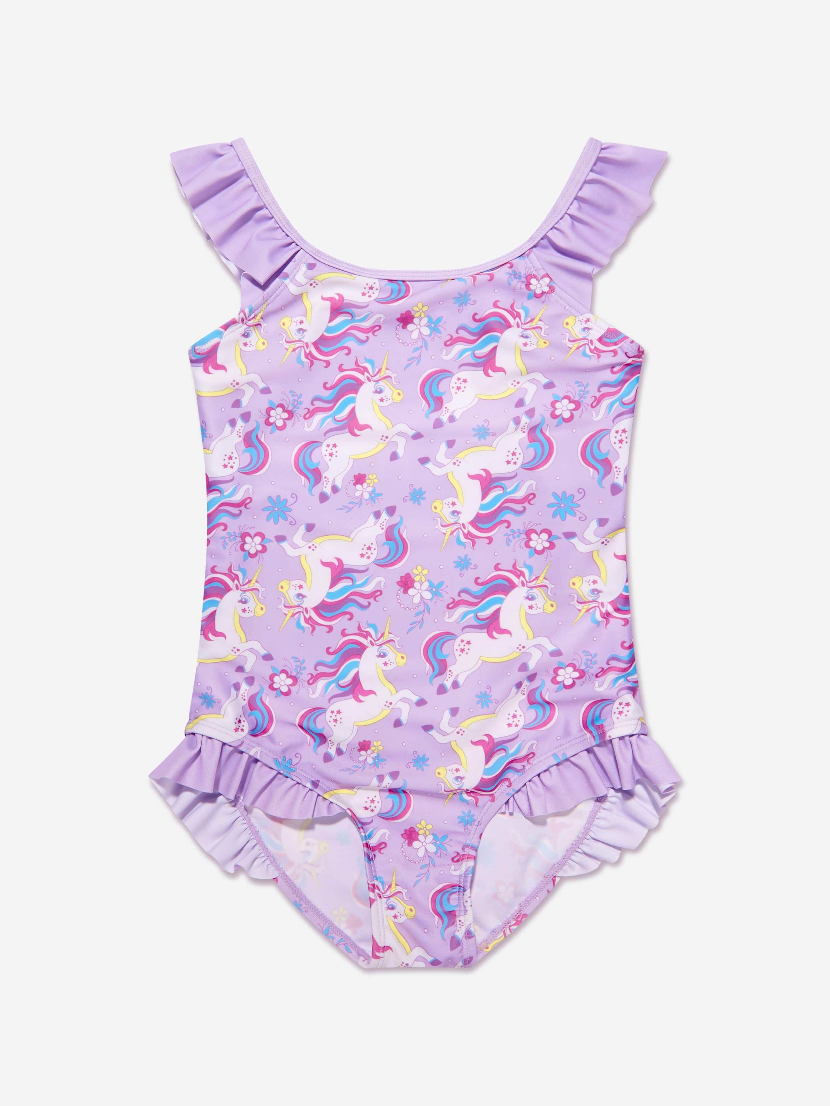 Soli Swim Girls Unicorn Frill Swimsuit (UPF50+) in Purple