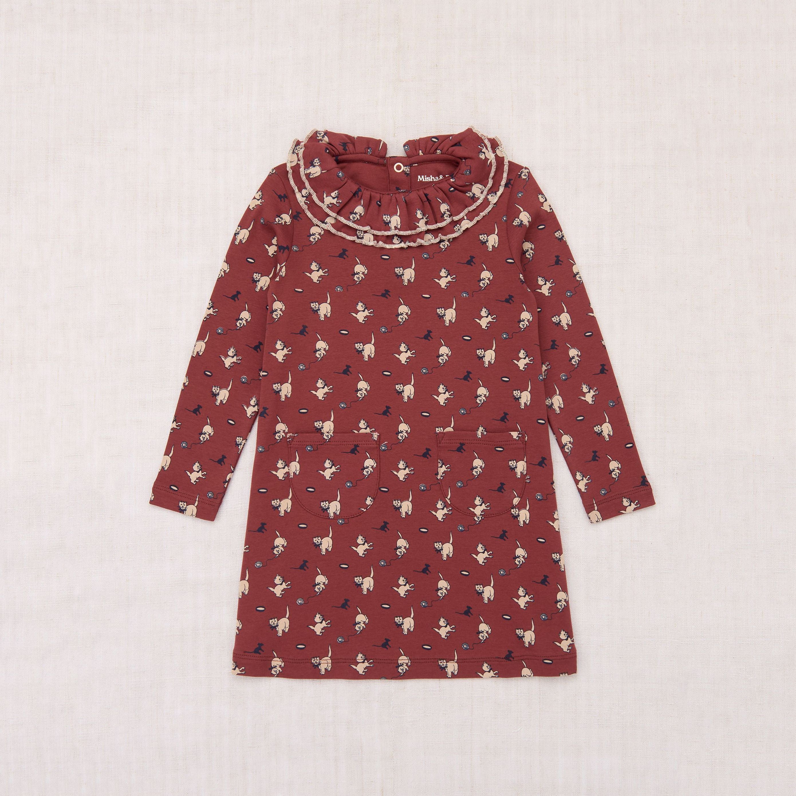 Girls Brick Red Printed Ruffled Cotton Dress