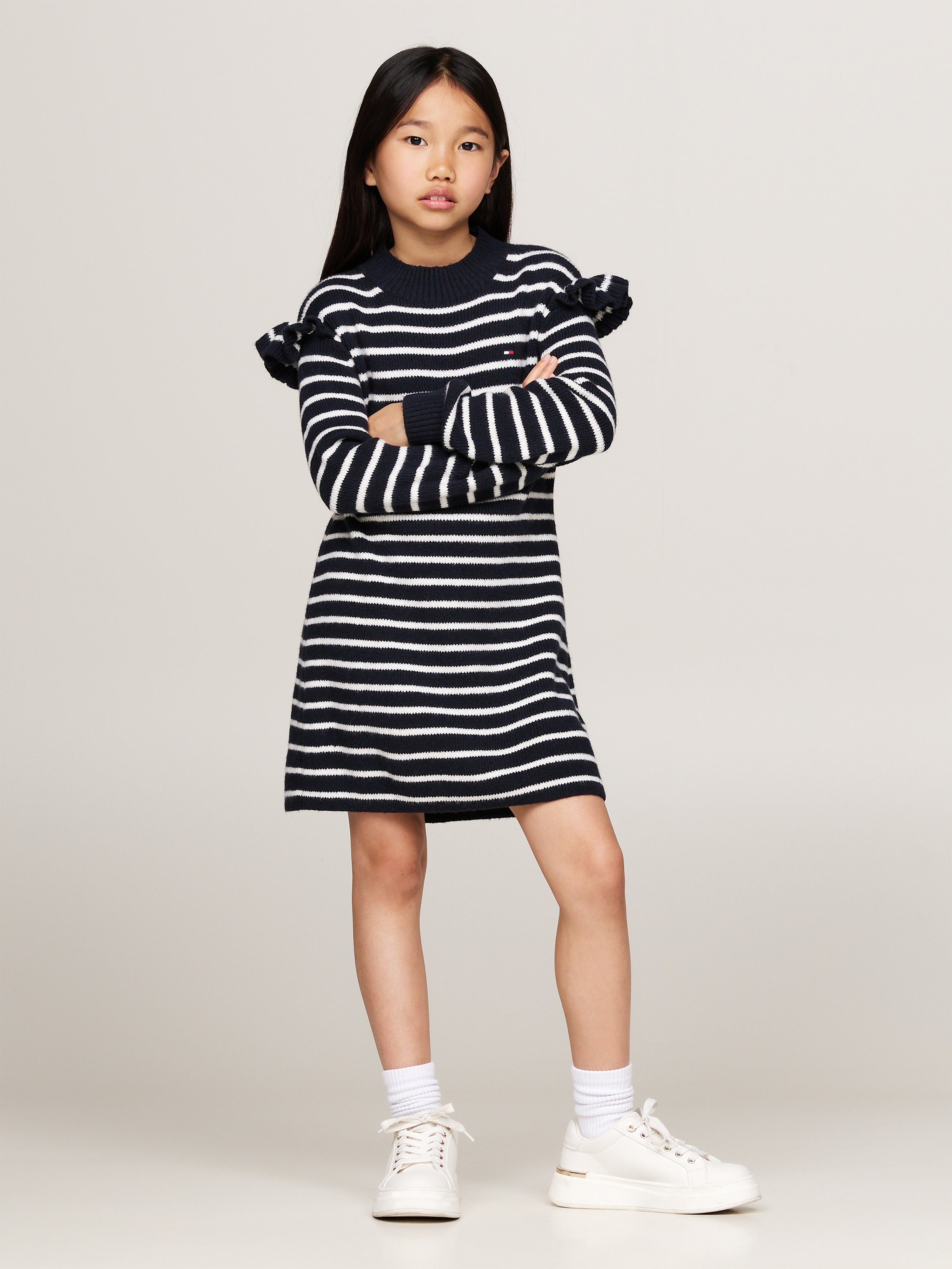 Tommy Hilfiger Girls Striped Ruffle Skater Dress in Navy