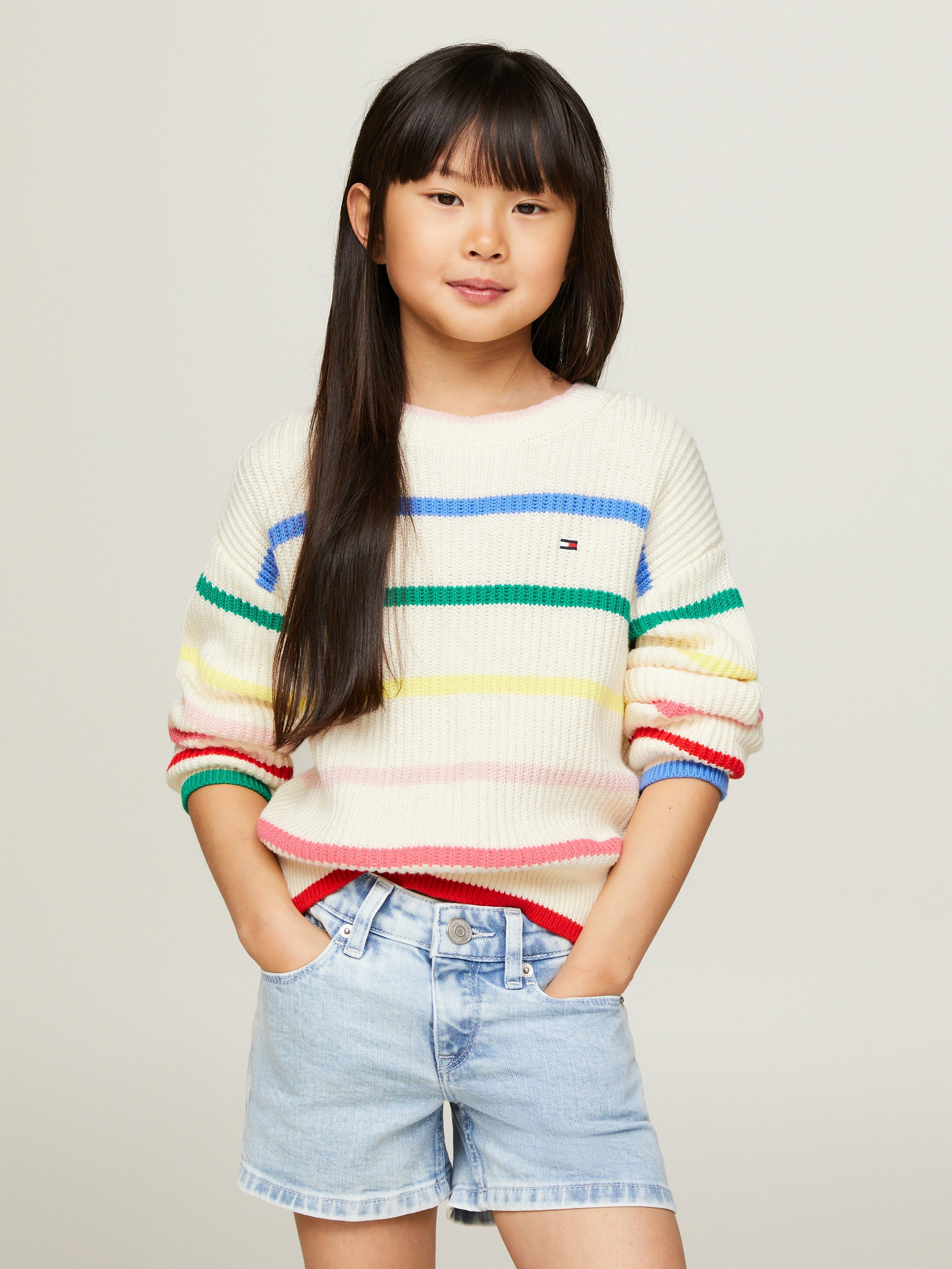 Tommy Hilfiger Girls Multi Stripe Structure Sweatshirt in Ivory