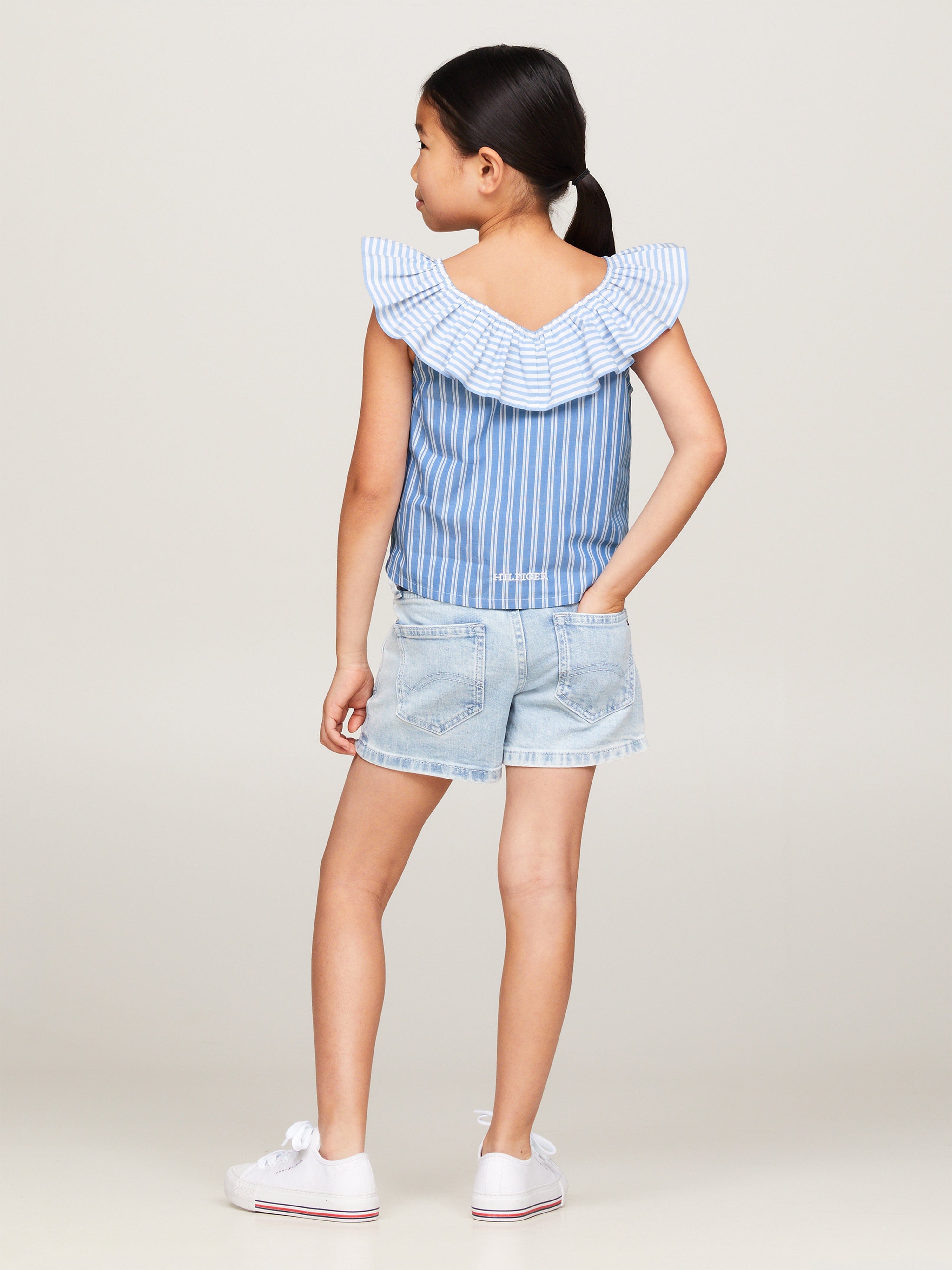 Tommy Hilfiger Girls Mixed Stripe Frill Blouse in Blue