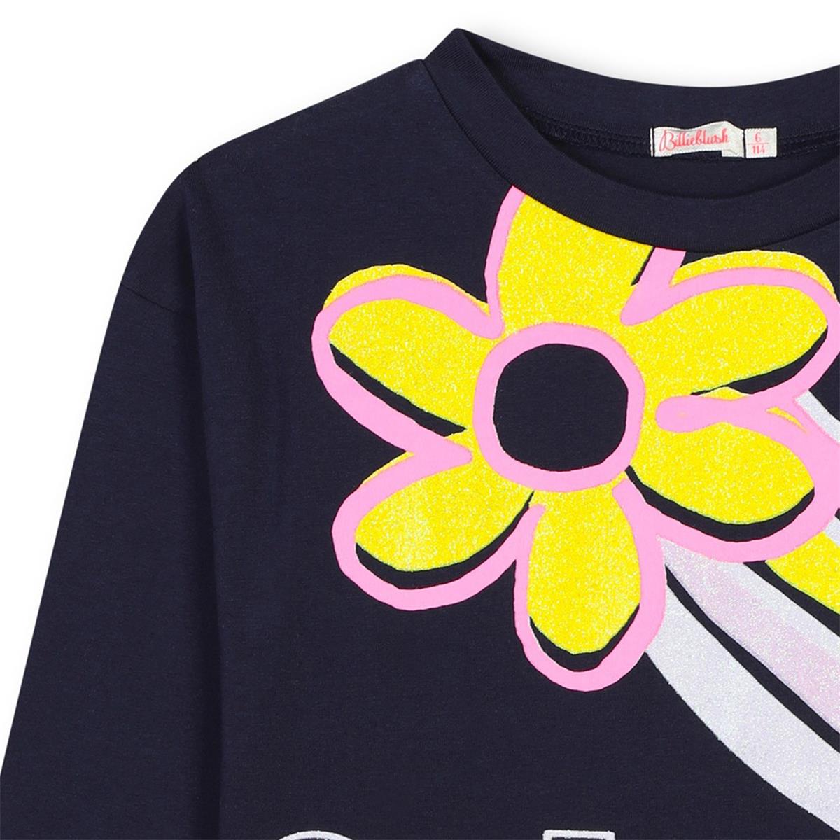 Girls Dark Blue Printed Cotton T-Shirt