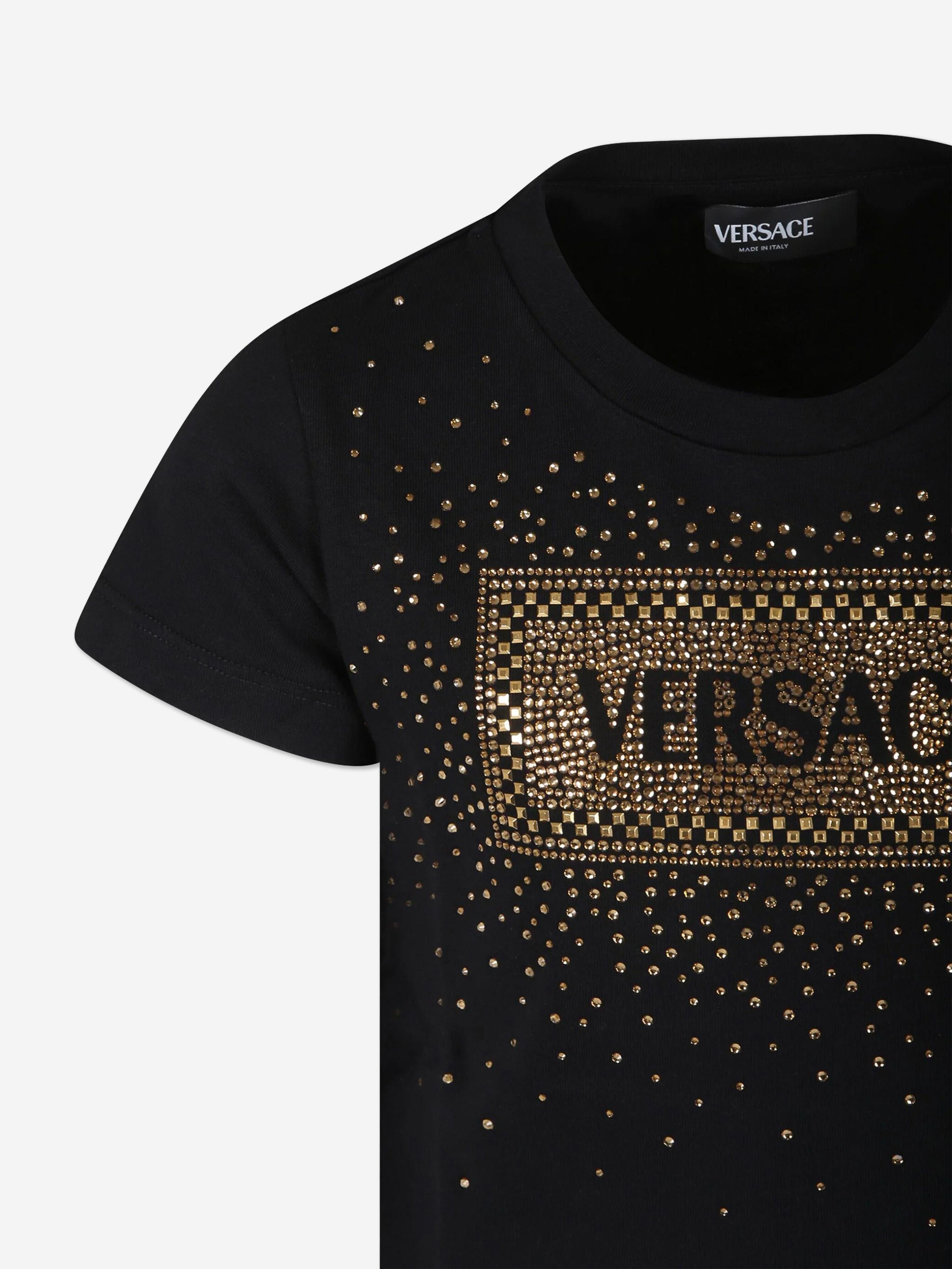 Versace Girls Diamante Logo T-Shirt in Black