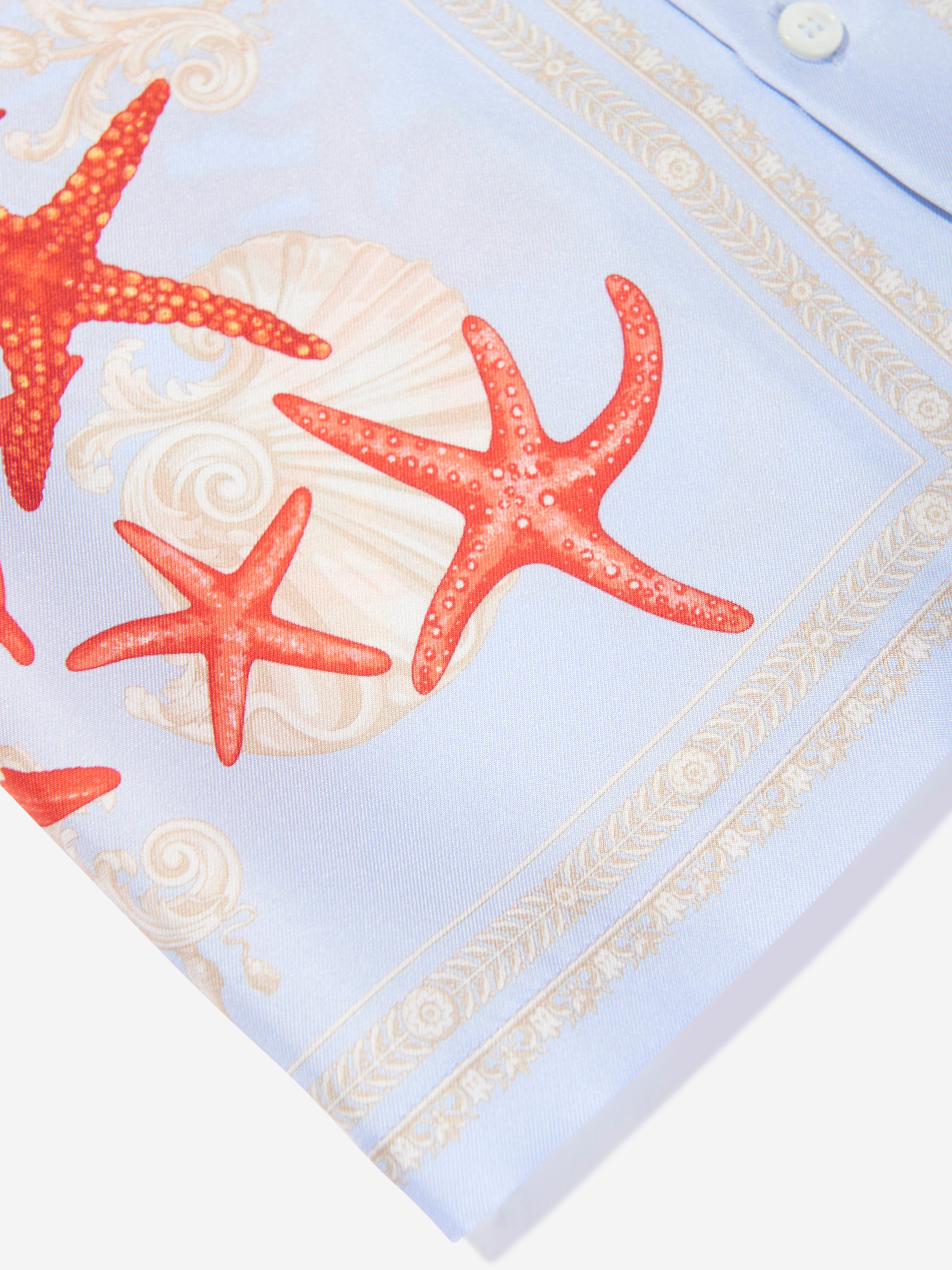 Versace Boys Silk Barocco De La Mer Shirt in Blue