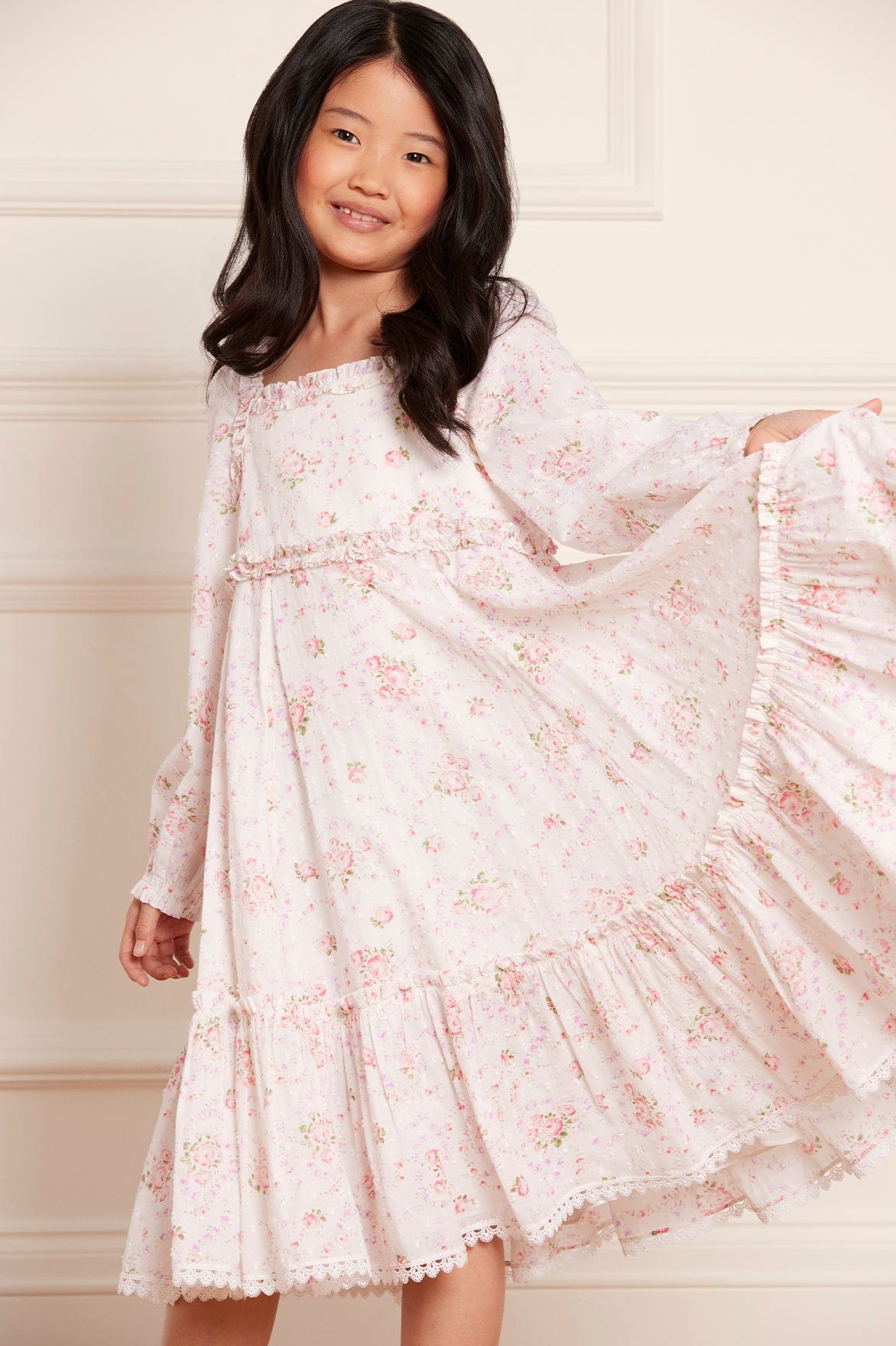 Needle & Thread Girls Vintage Ditsy Cotton Ruffle Dress in White