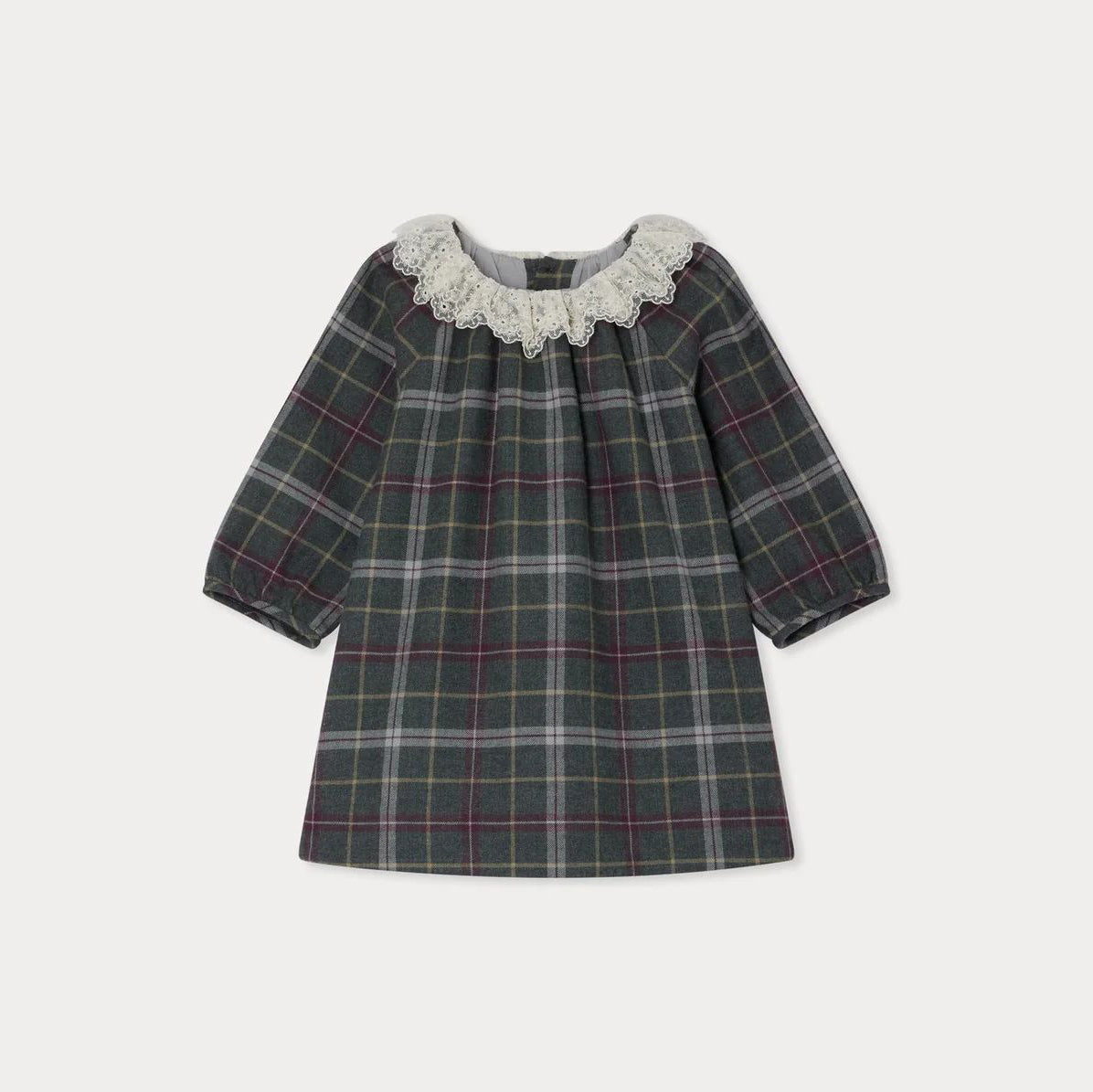 Girls Grey Check Embroidered Ruffled Cotton Dress