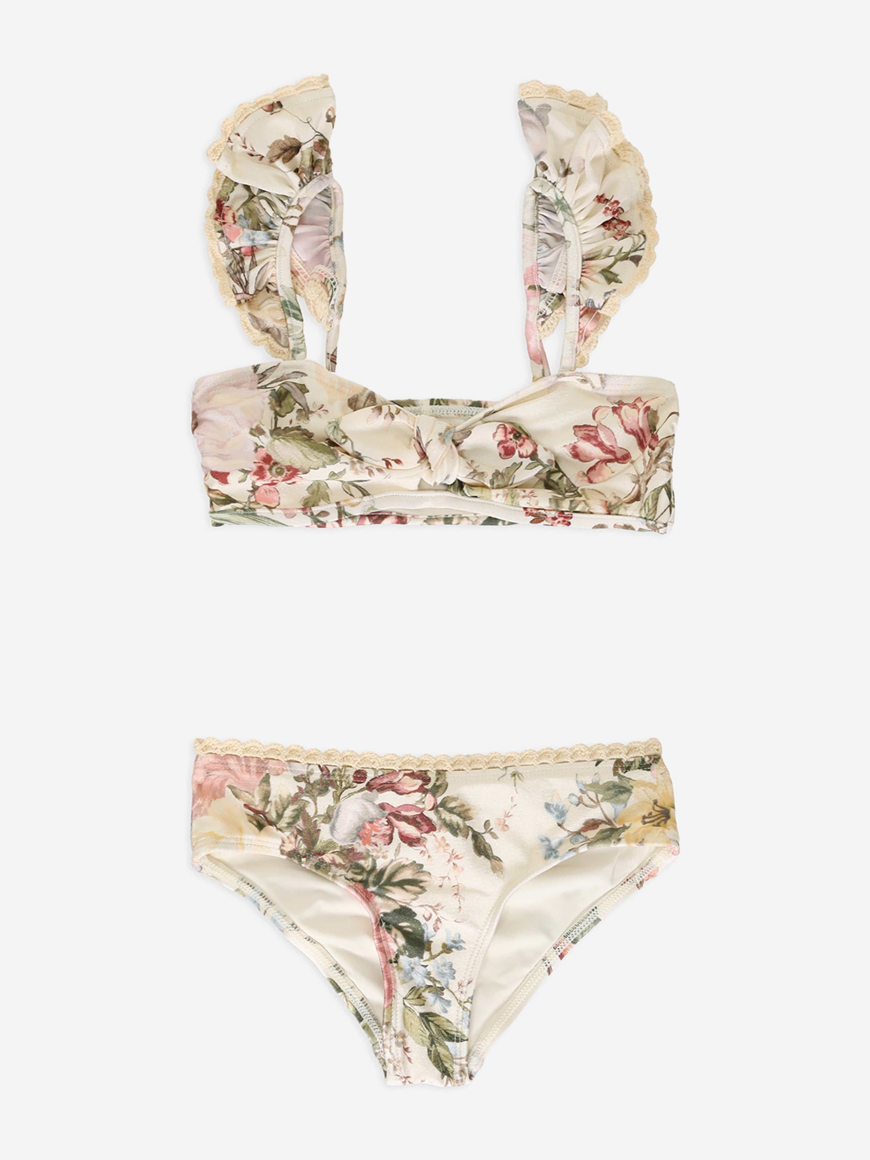 Zimmermann Girls Floral Waverly Trim Frill Bikini in Cream