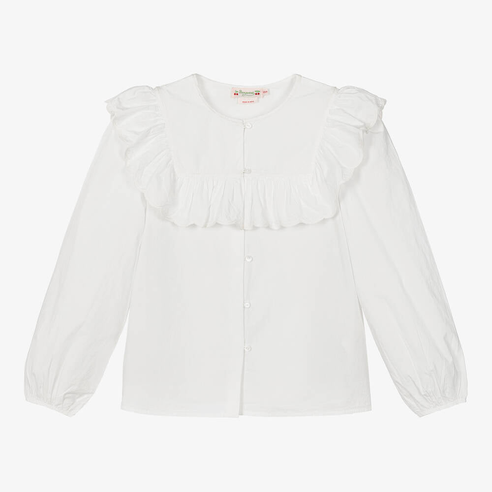 Girls White Ruffled Cotton Shirt