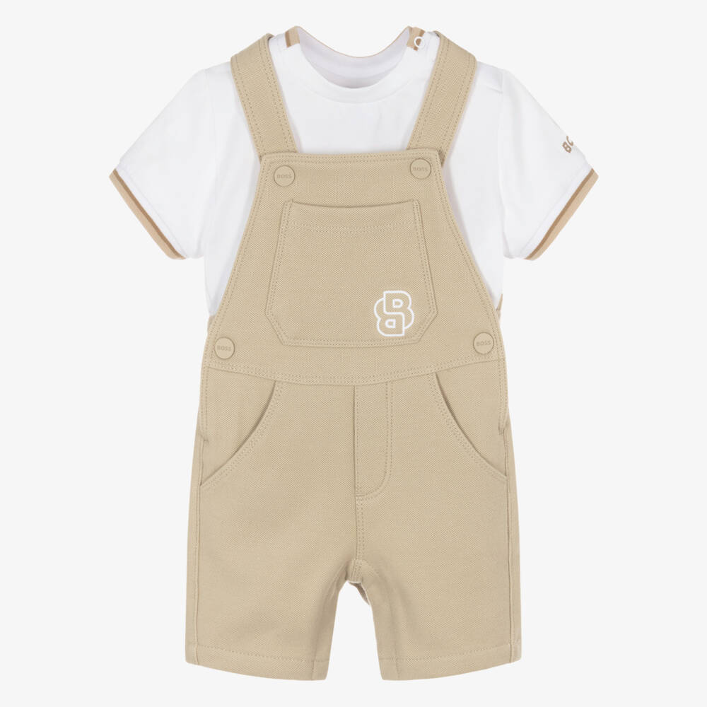 Baby Boys Beige Cotton Dungaree Set