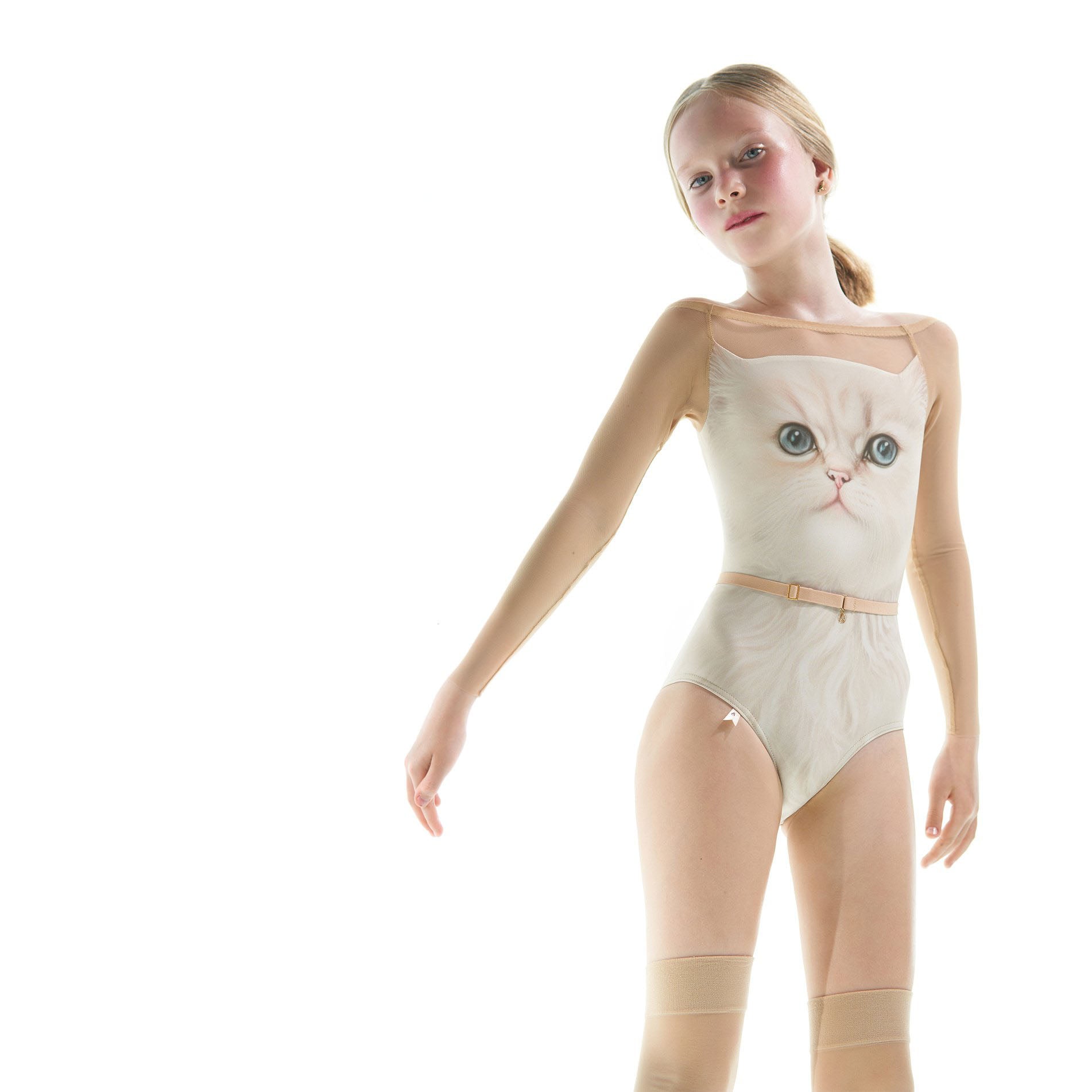 Girls White Cat Boatneck Ballet Onesies(J231LE22VL/cream)