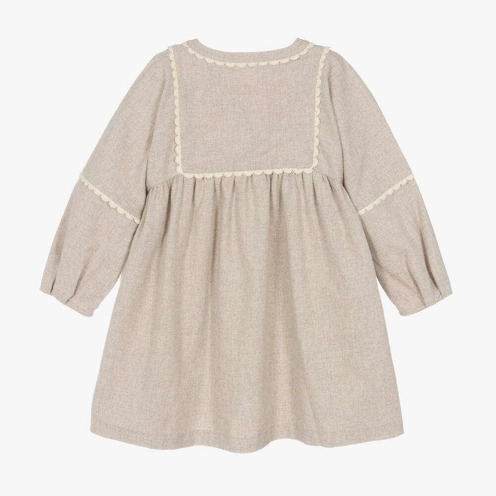 Girls Beige Embroidered Cotton Dress