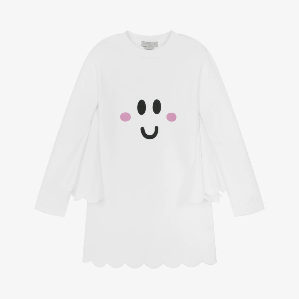 Girls White Ghost Printed Cotton Dress