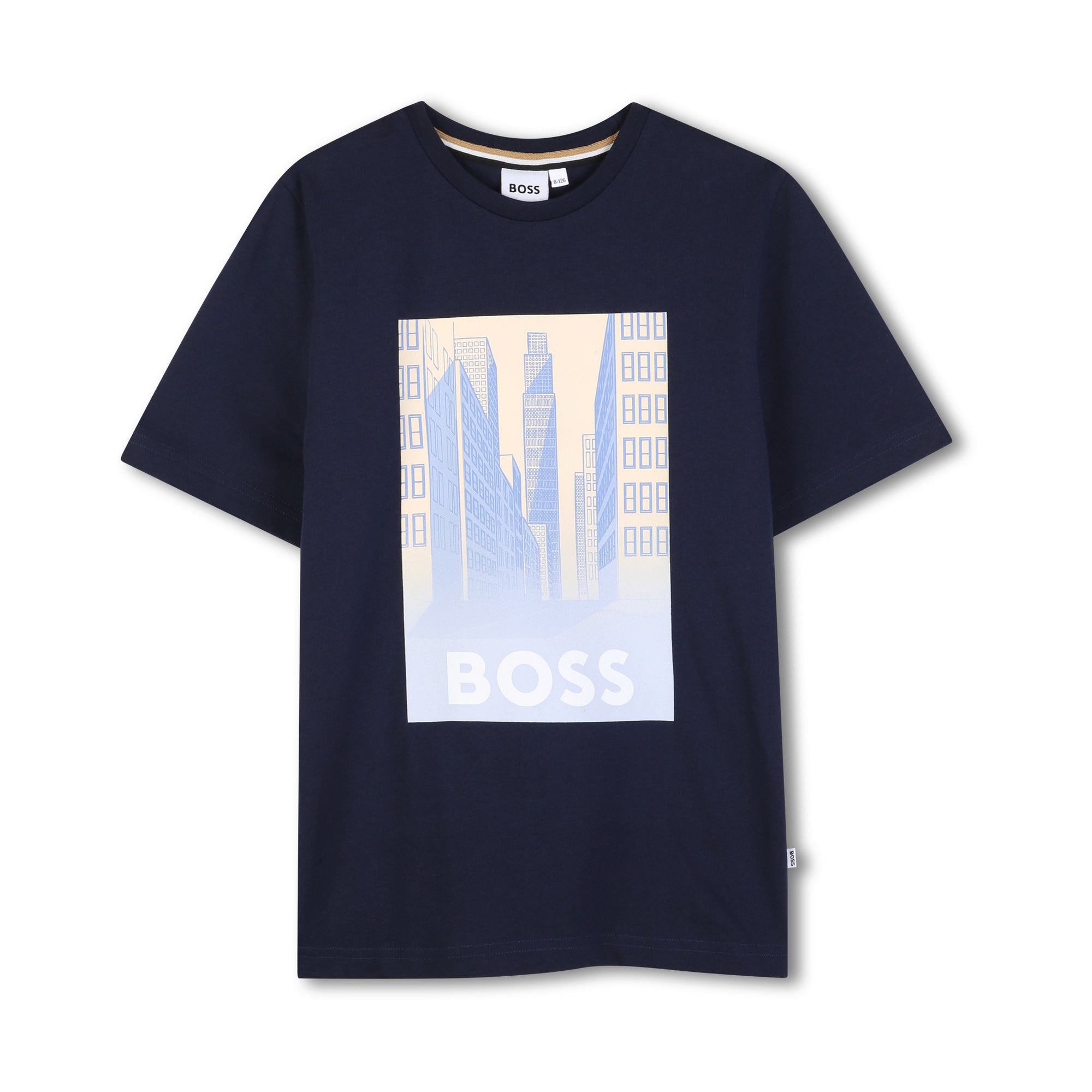 Boys Dark Blue Printed Logo Cotton T-Shirt