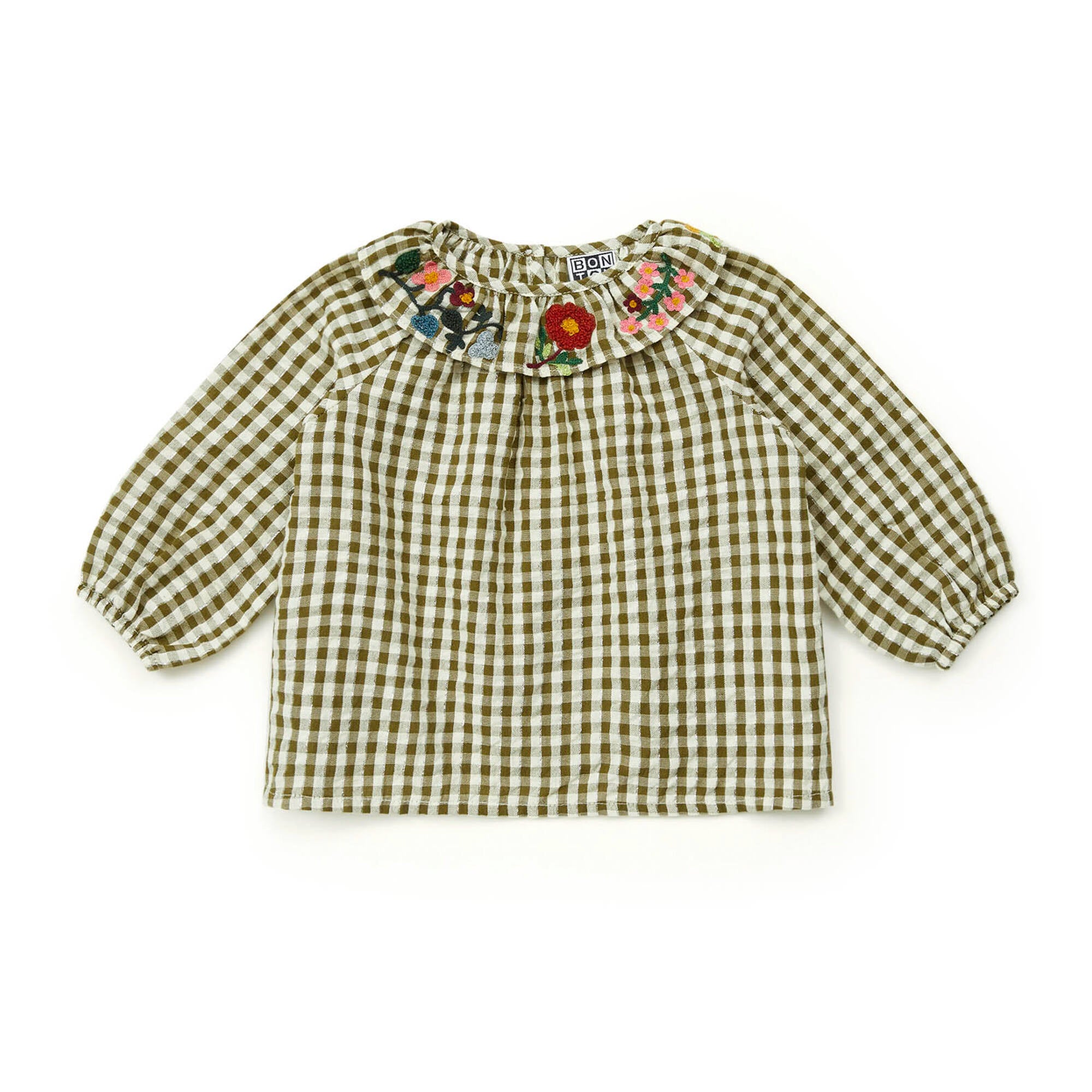 Baby Girls Green Check Embroidered Cotton Top