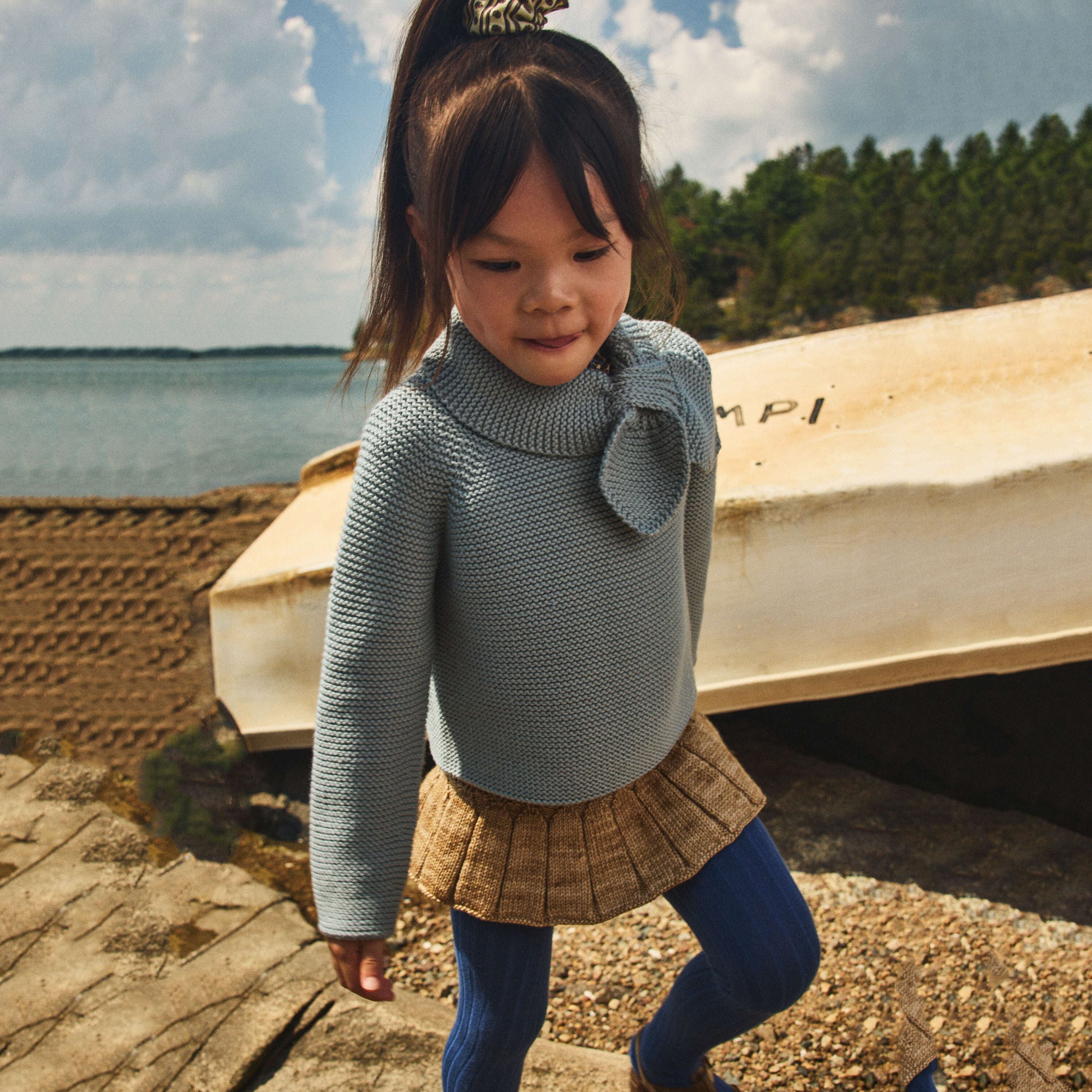 Girls Light Blue Bow Wool Sweater