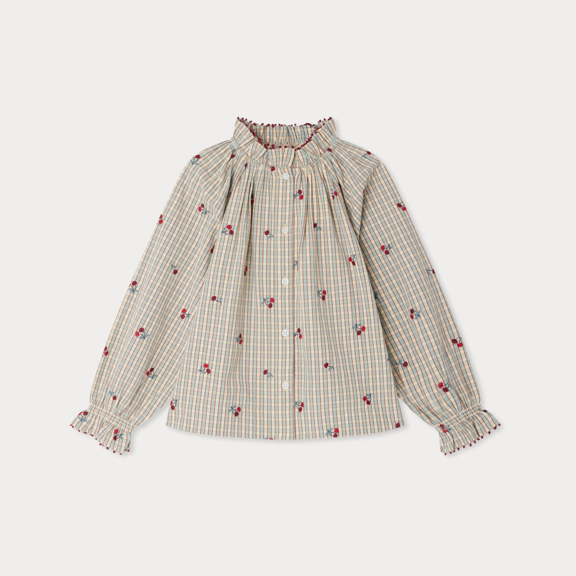 Girls Beige Check Embroidered Cherry Cotton Shirt