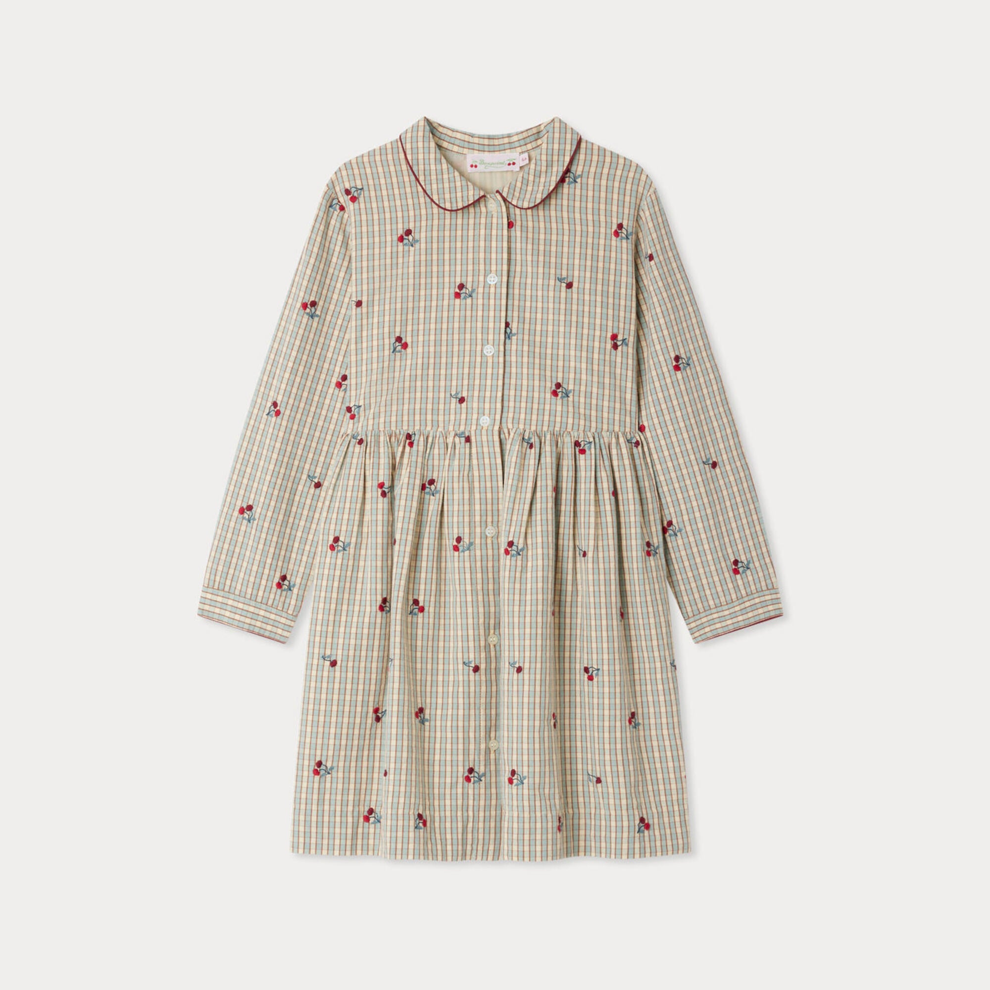 Girls Beige Check Embroidered Cherry Cotton Dress