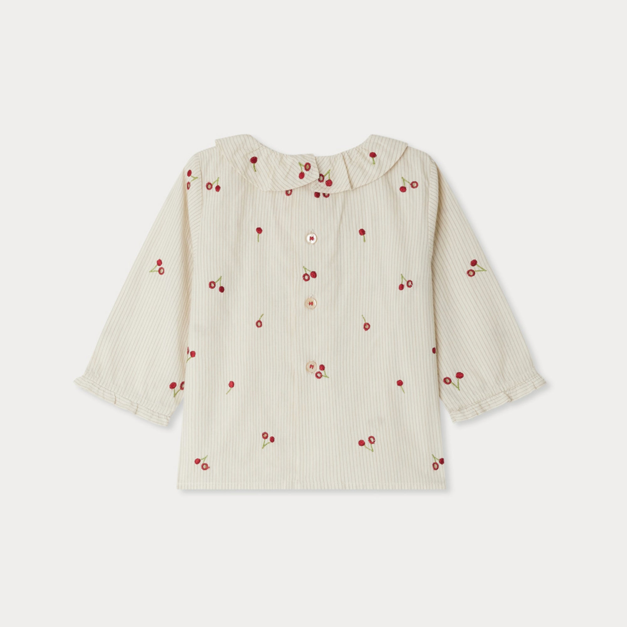 Baby Girls Beige Stripes Embroidered Cherry Cotton Blouse