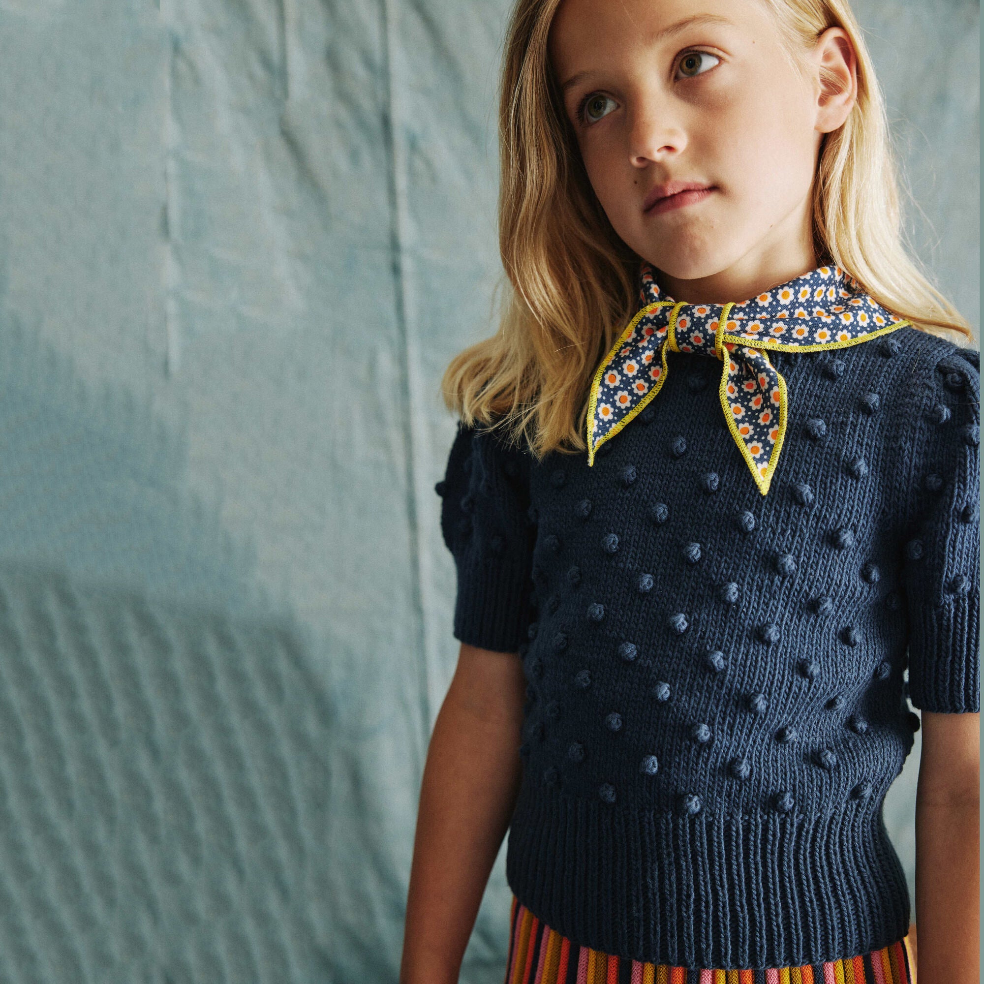 Girls Navy Popcorn Cotton Sweater
