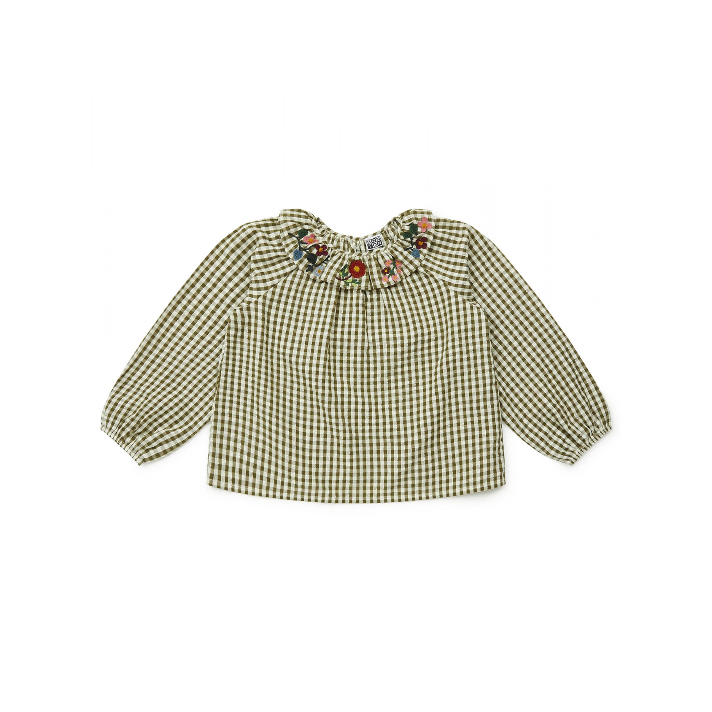 Girls Green Check Embroidered Cotton Top