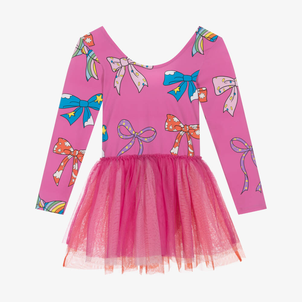 Girls Bright Pink Bow Printed Dress