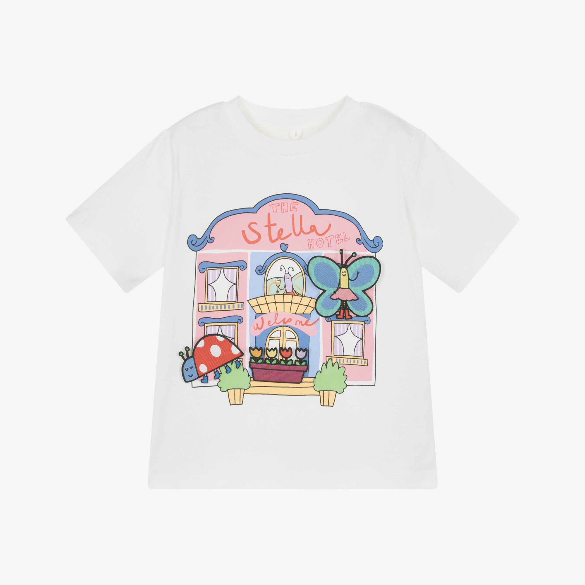 Girls White Hotel Printed Cotton T-Shirt