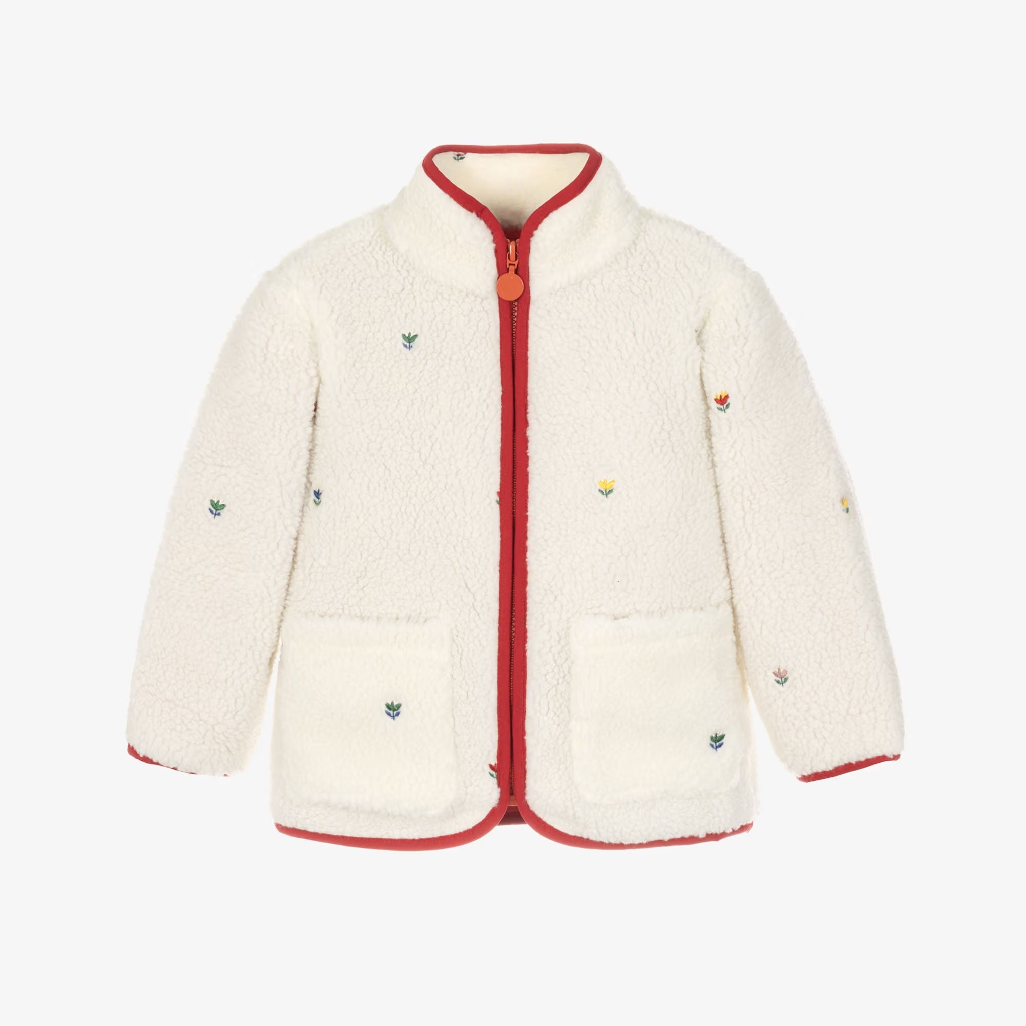Girls White Embroidered Sherpa Fleece Jacket