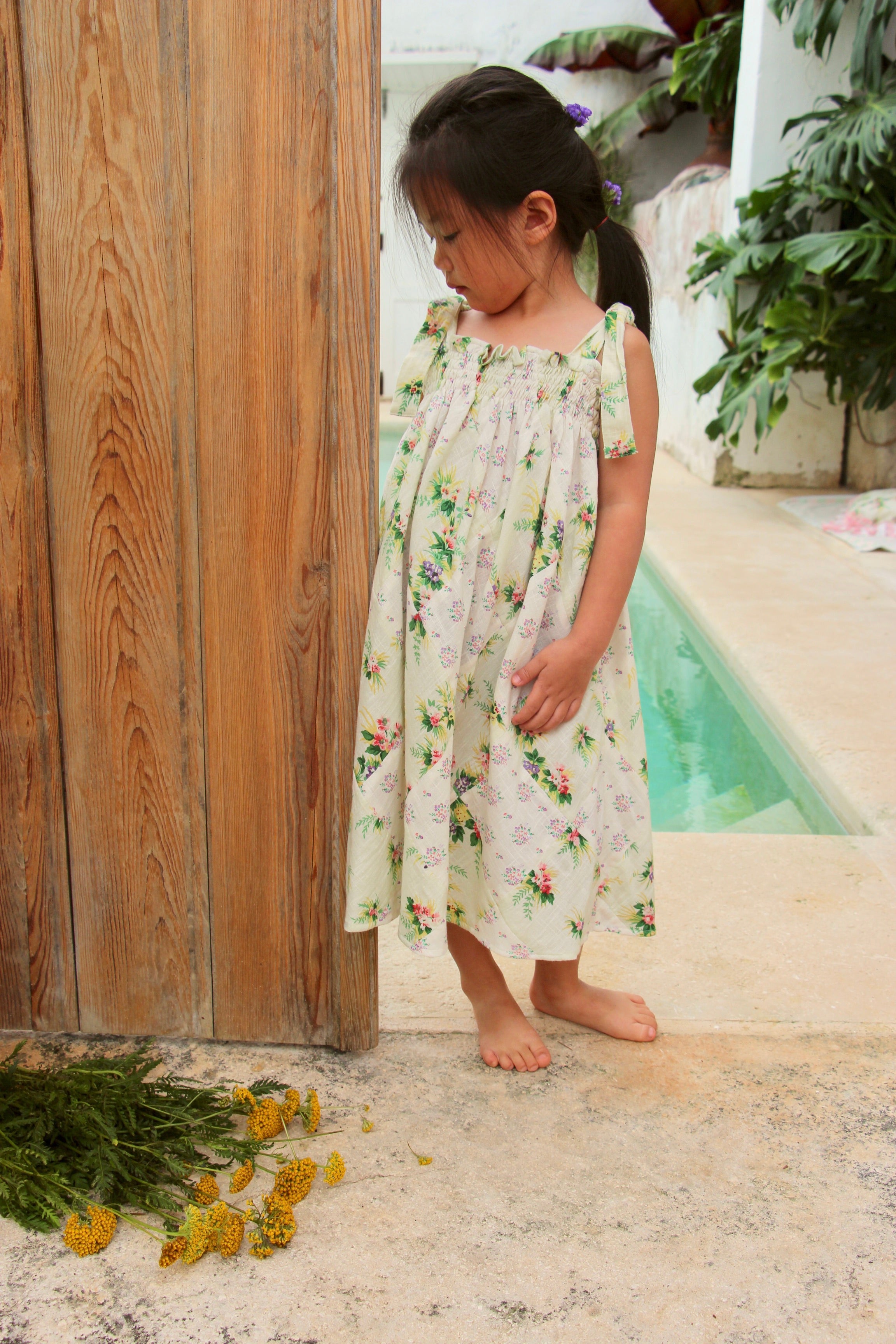 Girls White Floral Dress & Scarf Set