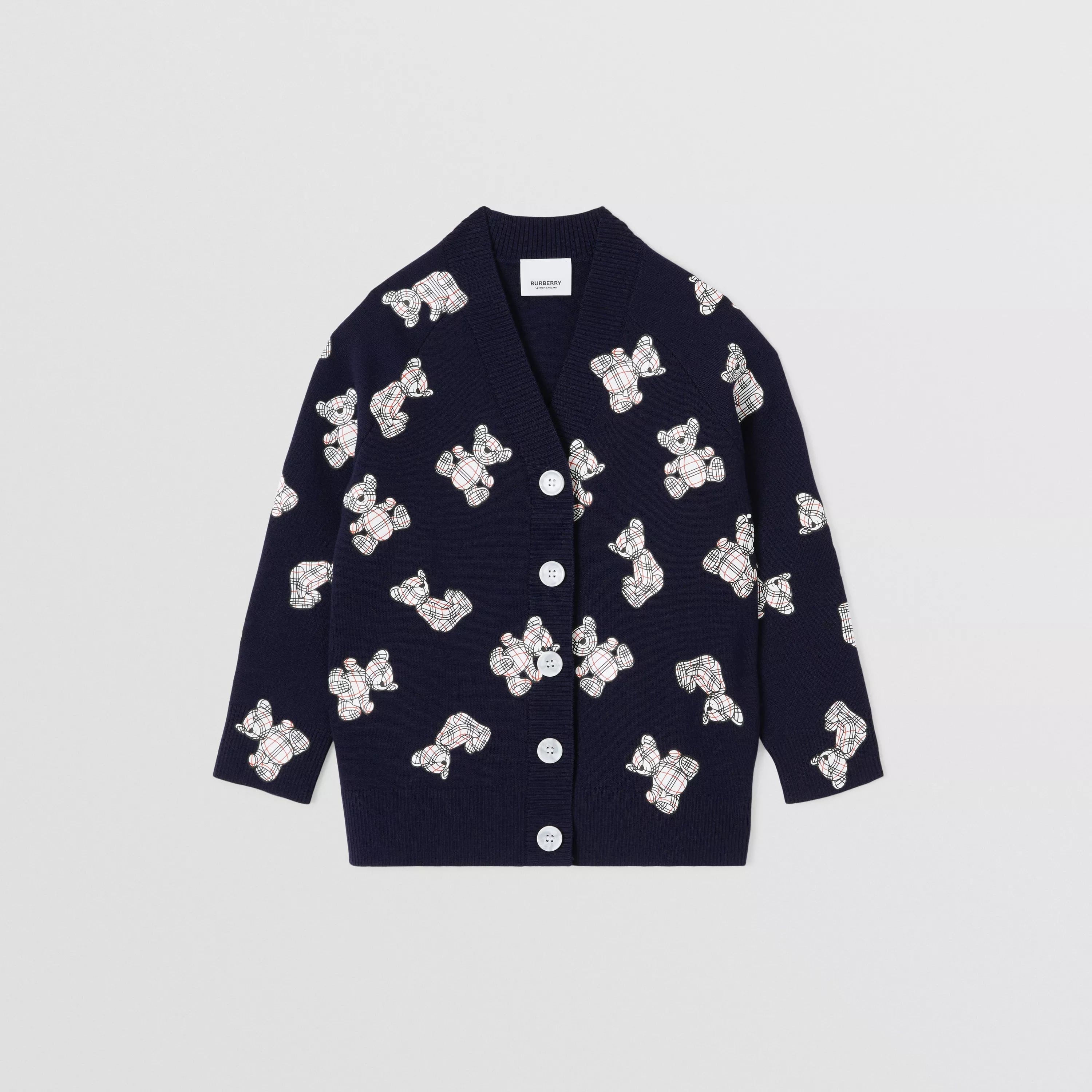 Girls Navy Bear Printed Wool Cardigan