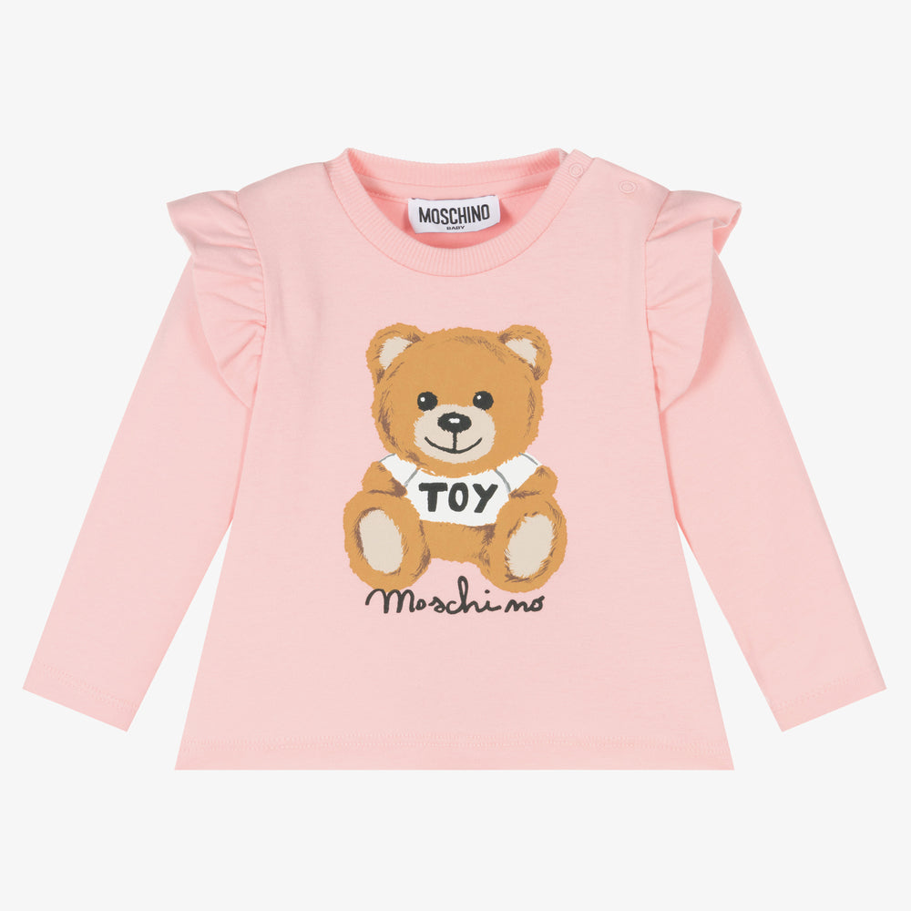 Baby Girls Pink Bear Printed Cotton T-Shirt