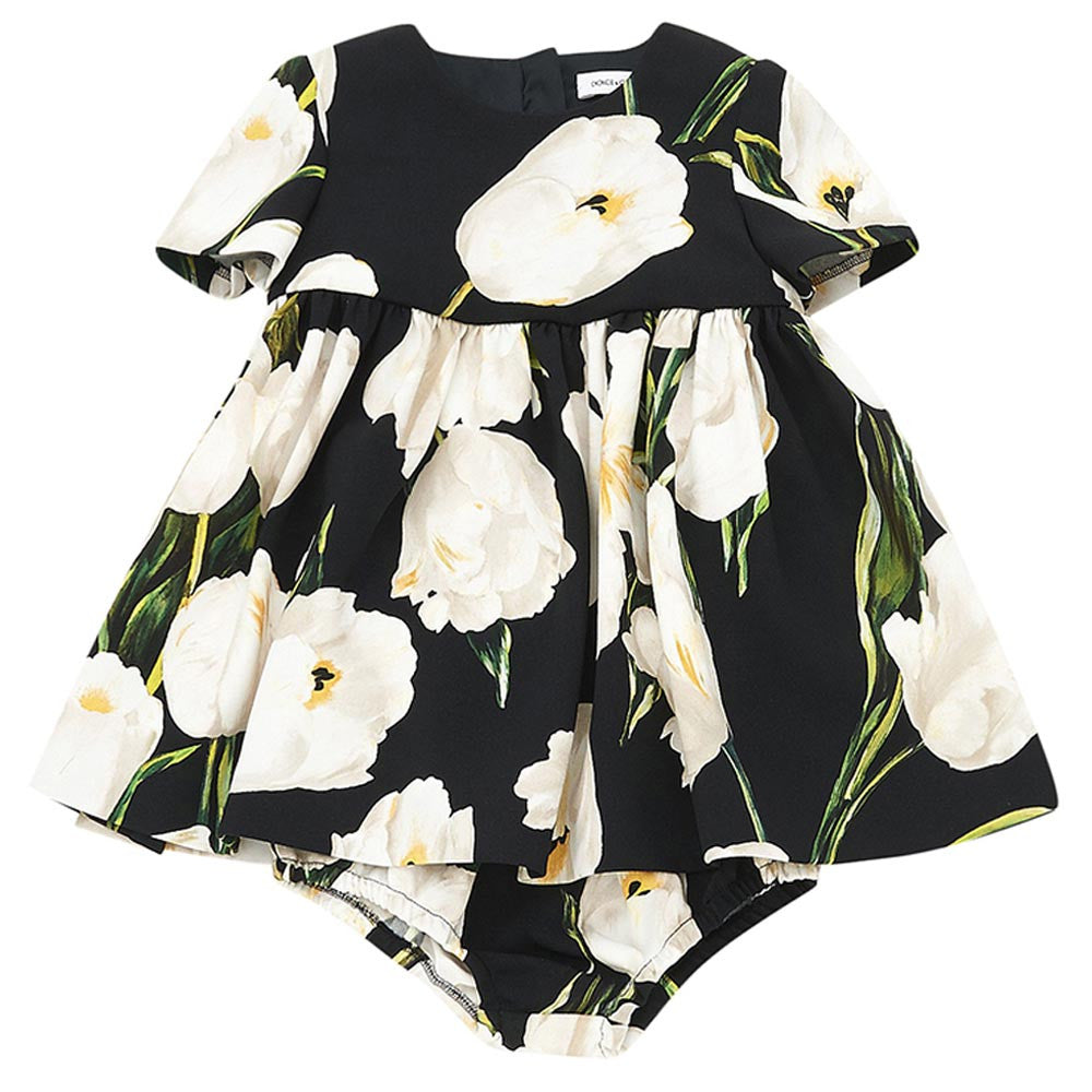 Baby Girls Black Dress With Light Pink Tulips Print Trims - CÉMAROSE | Children's Fashion Store - 1