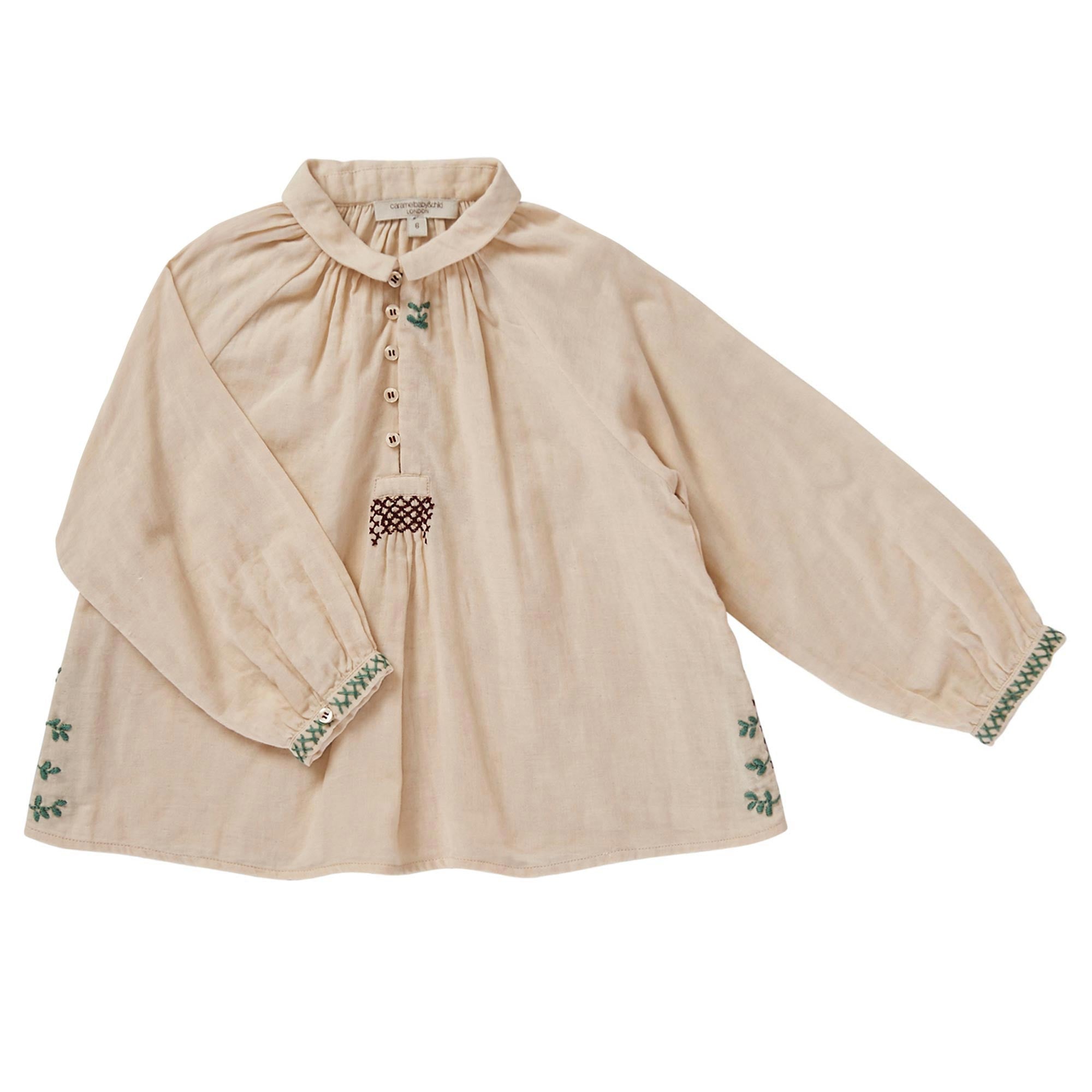 Girls Beige Ribbed Cuffs Cotton Blouse - CÉMAROSE | Children's Fashion Store - 1