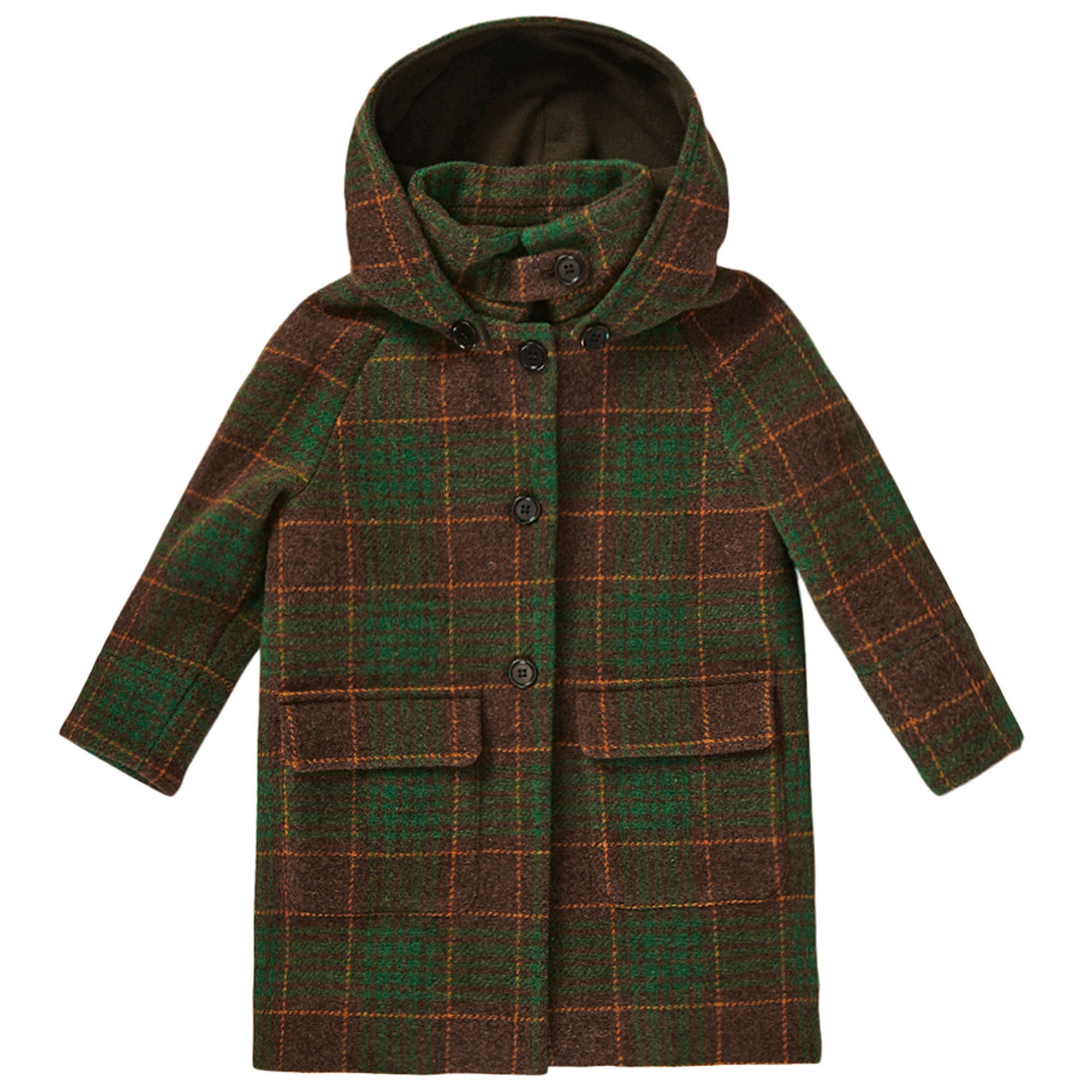 Girls Green & Red Check Hooded Wool Coat - CÉMAROSE | Children's Fashion Store - 1