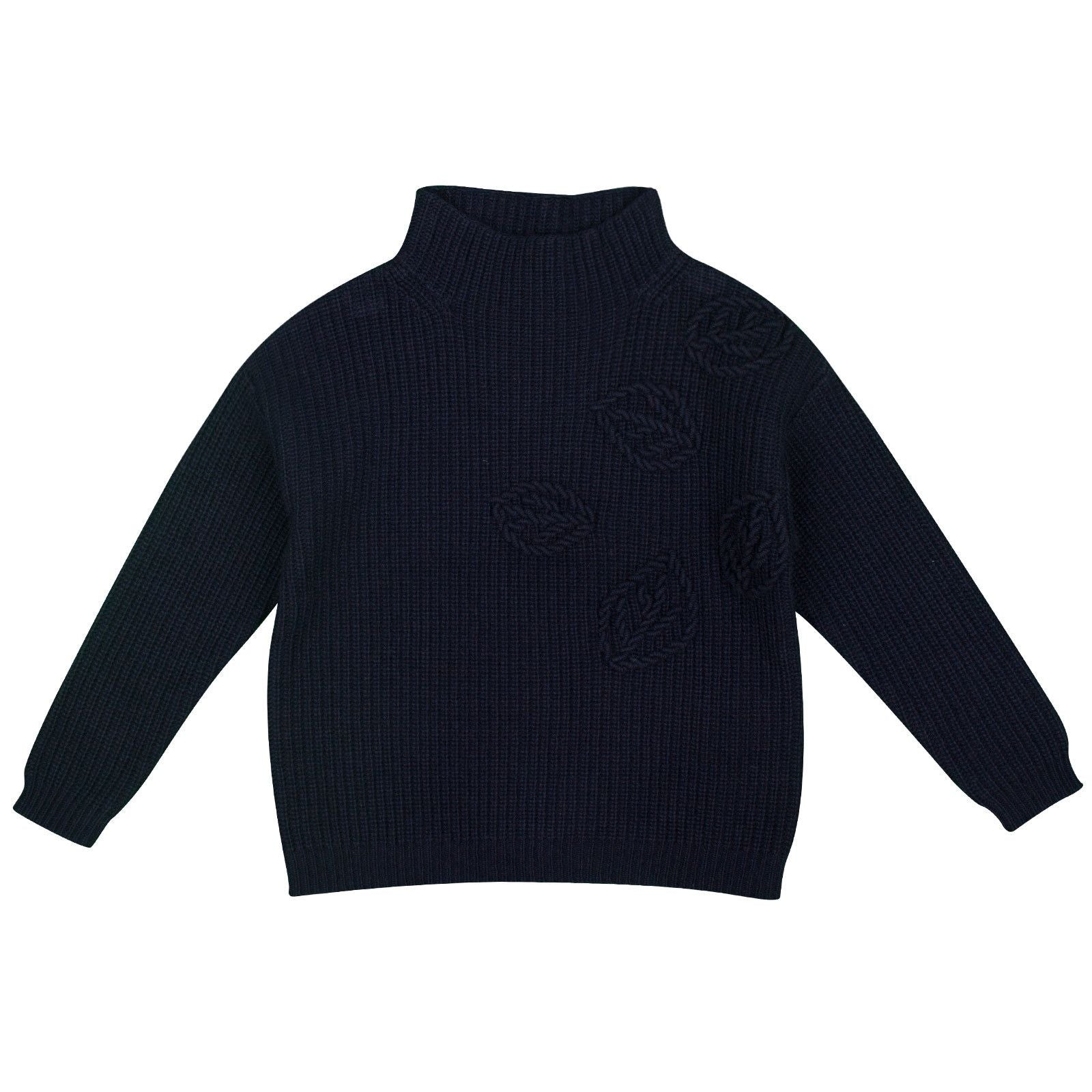 Girls Navy Blue Leaf Knitted High Collar Sweater - CÉMAROSE | Children's Fashion Store - 1