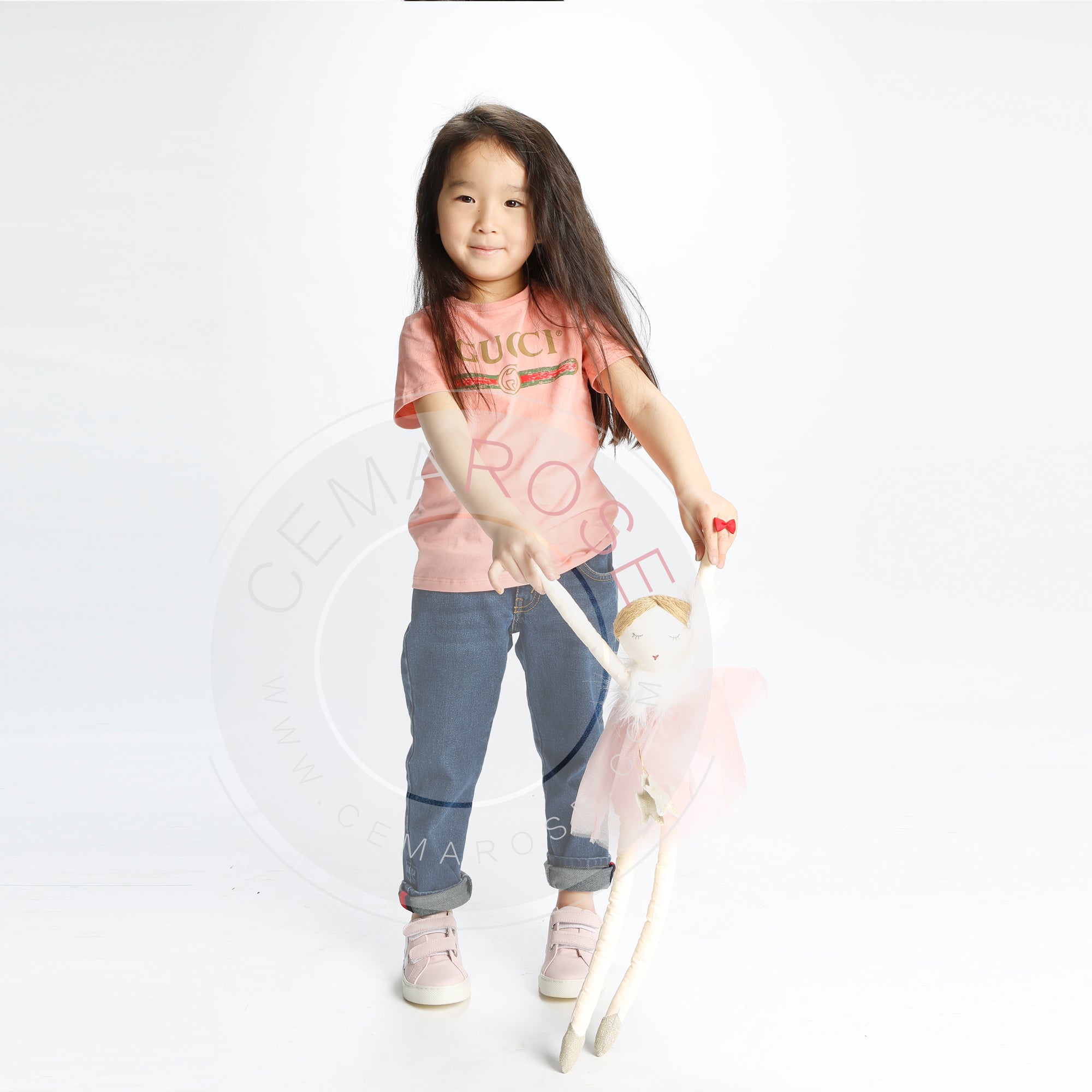 Girls Pink Leather Velcro With White "V" Shoes