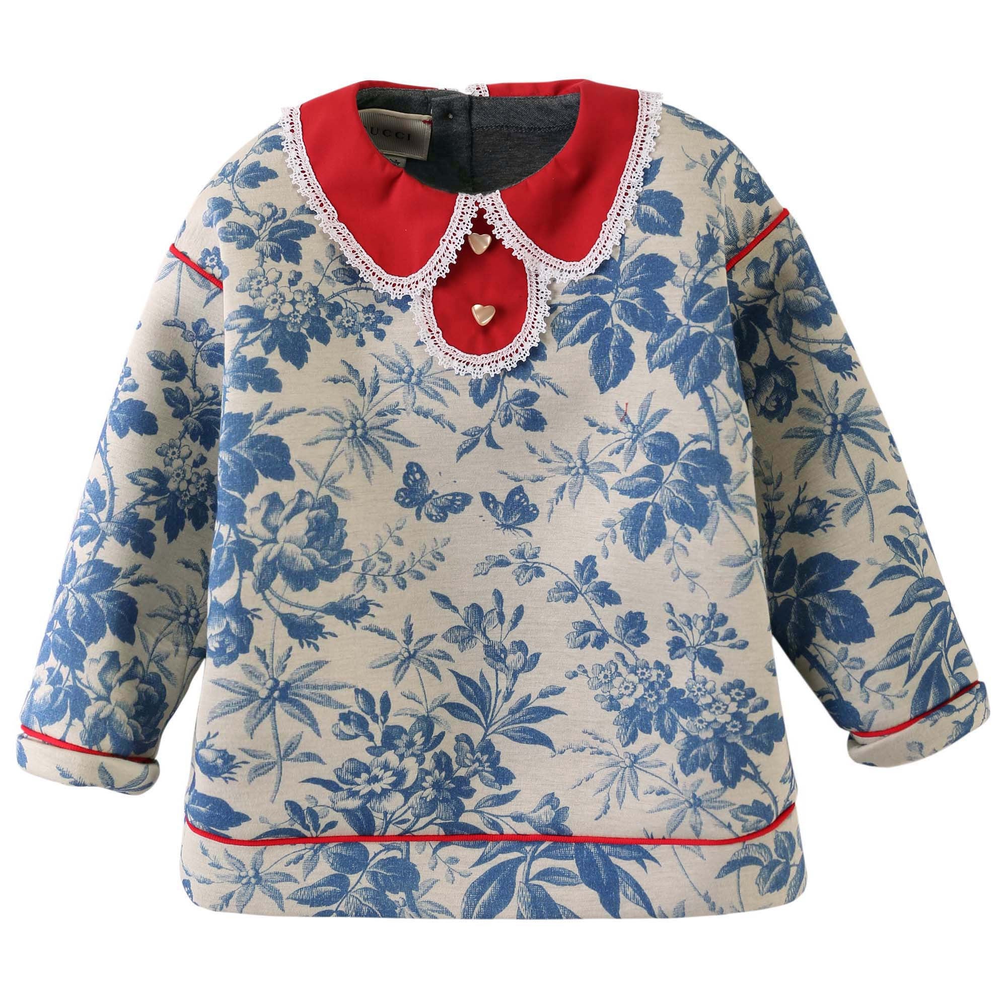Baby Girls WhiteLace Collarr Sweatshirt With Blue Leaf Print Trims - CÉMAROSE | Children's Fashion Store - 1