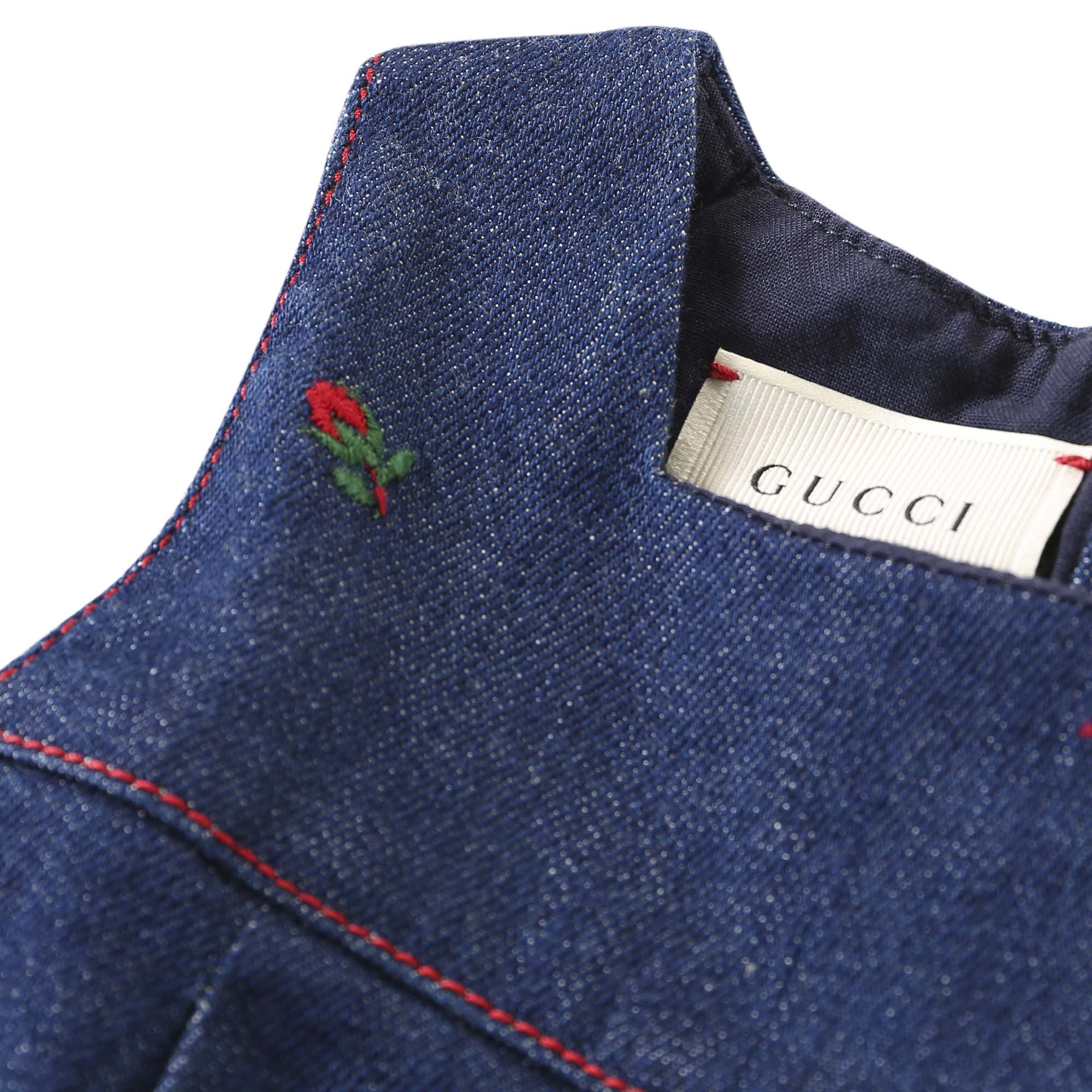 Baby Girls Blue Denim Dress With Red Embroidered Flower Trims - CÉMAROSE | Children's Fashion Store - 3