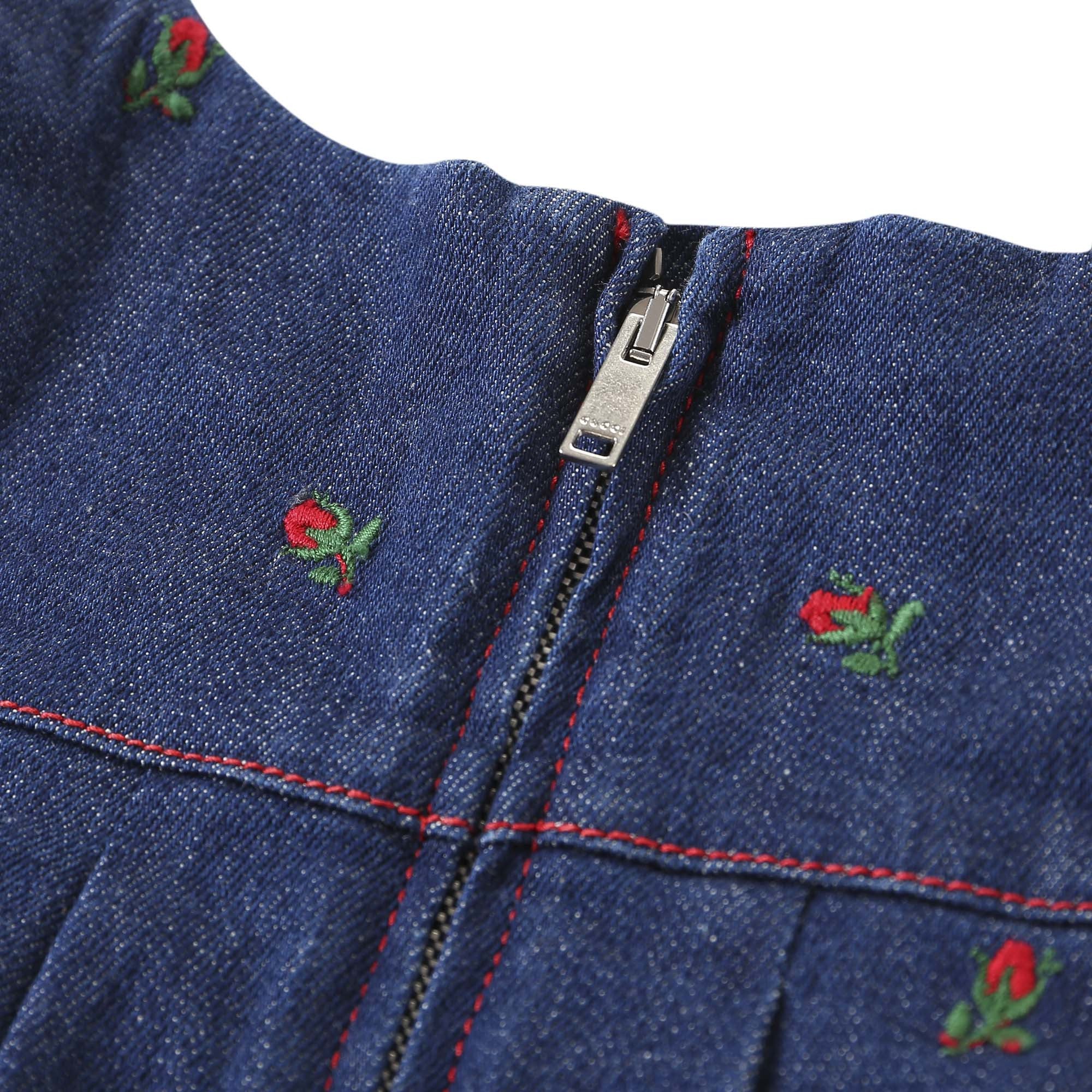 Baby Girls Blue Denim Dress With Red Embroidered Flower Trims - CÉMAROSE | Children's Fashion Store - 7