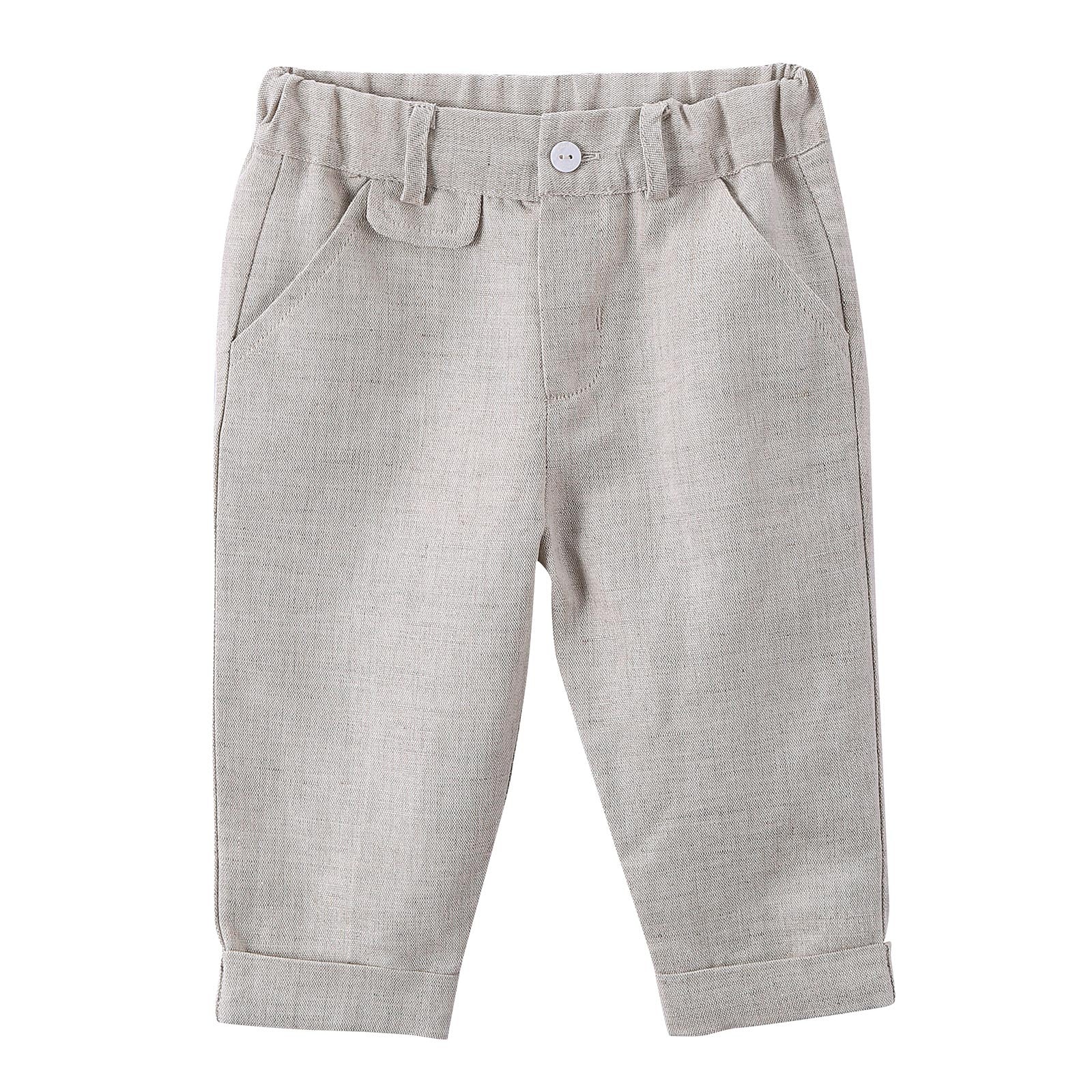 Baby Boys Grey Linen Trousers With Turn-Up Cuffs - CÉMAROSE | Children's Fashion Store - 1