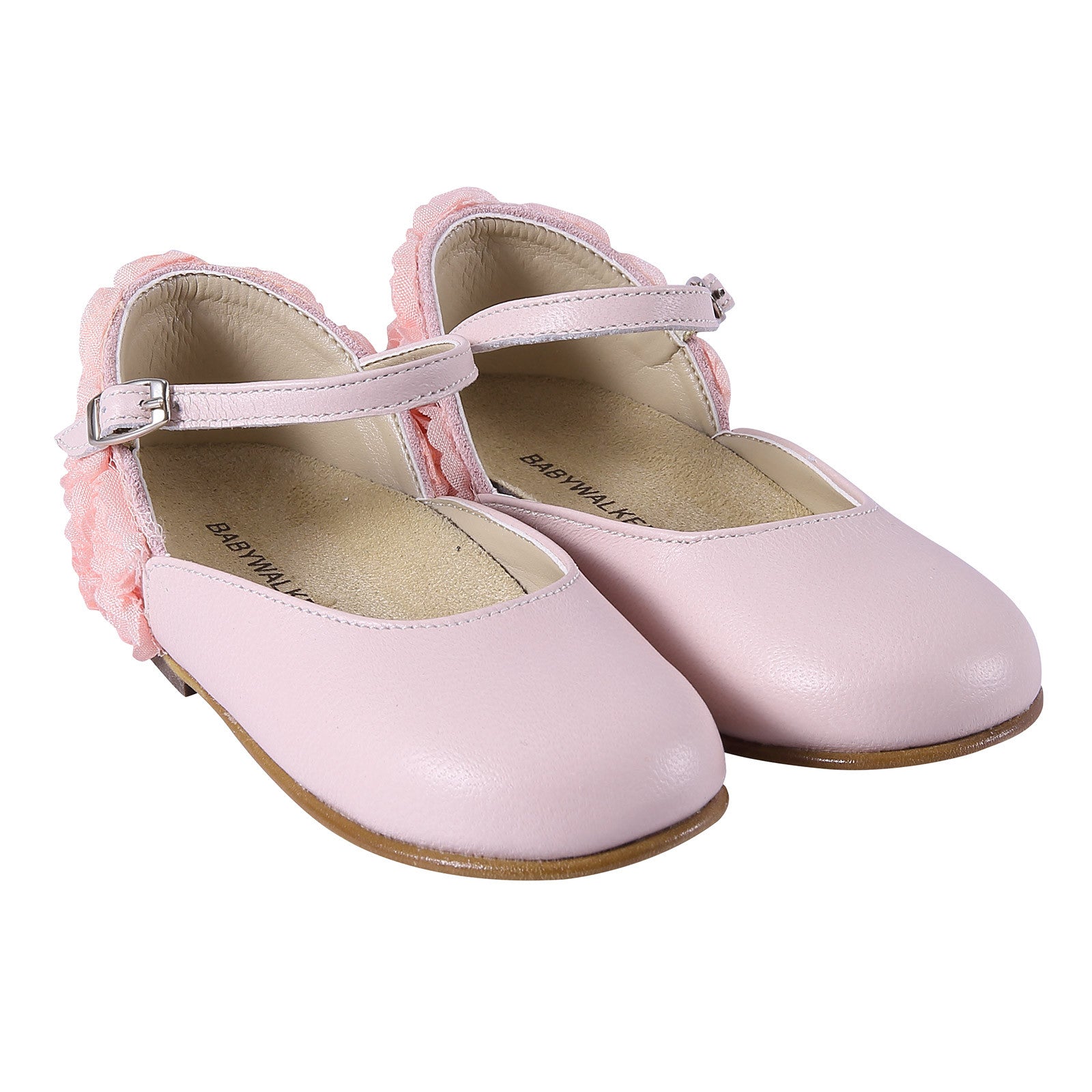 Girls Pink Chiffon Flowers Embellished Heel Leather Ballerinas - CÉMAROSE | Children's Fashion Store - 1